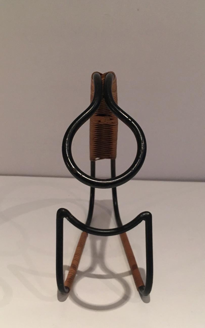 Black Lacquered Metal and Wicker Bottles Holder. Scandinavian Work, Circa 1950 For Sale 4