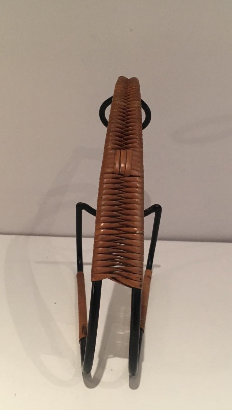 Brass Black Lacquered Metal and Wicker Bottles Holder. Scandinavian Work, Circa 1950 For Sale