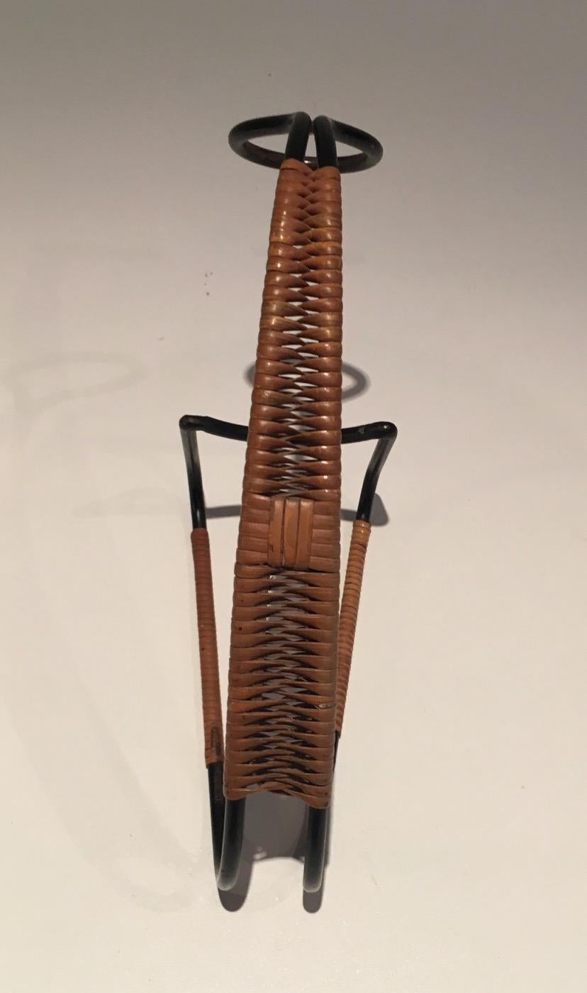 Black Lacquered Metal and Wicker Bottles Holder. Scandinavian Work, Circa 1950 For Sale 1