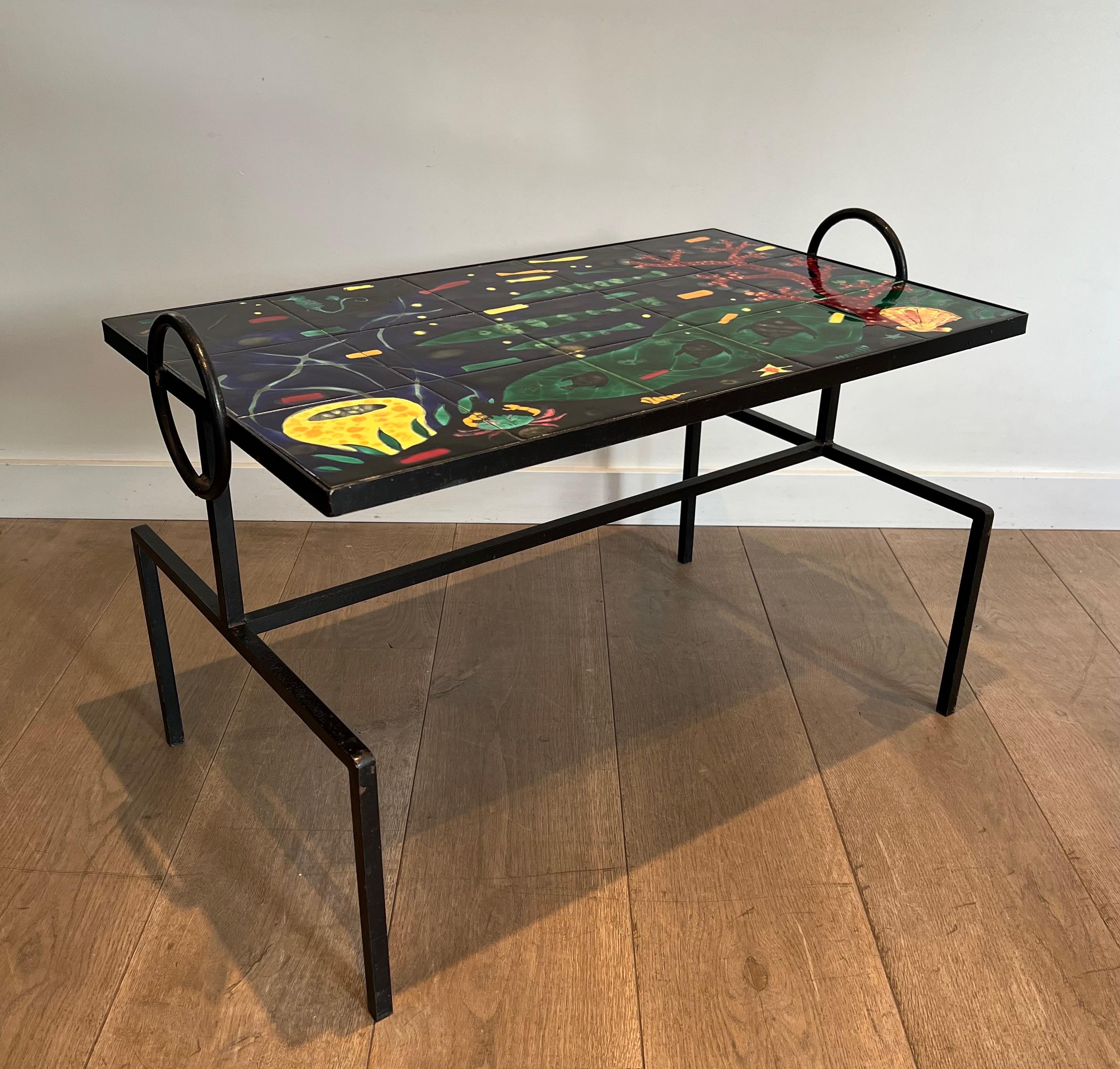 Table basse en métal laqué noir avec plateau en céramique en vente 4