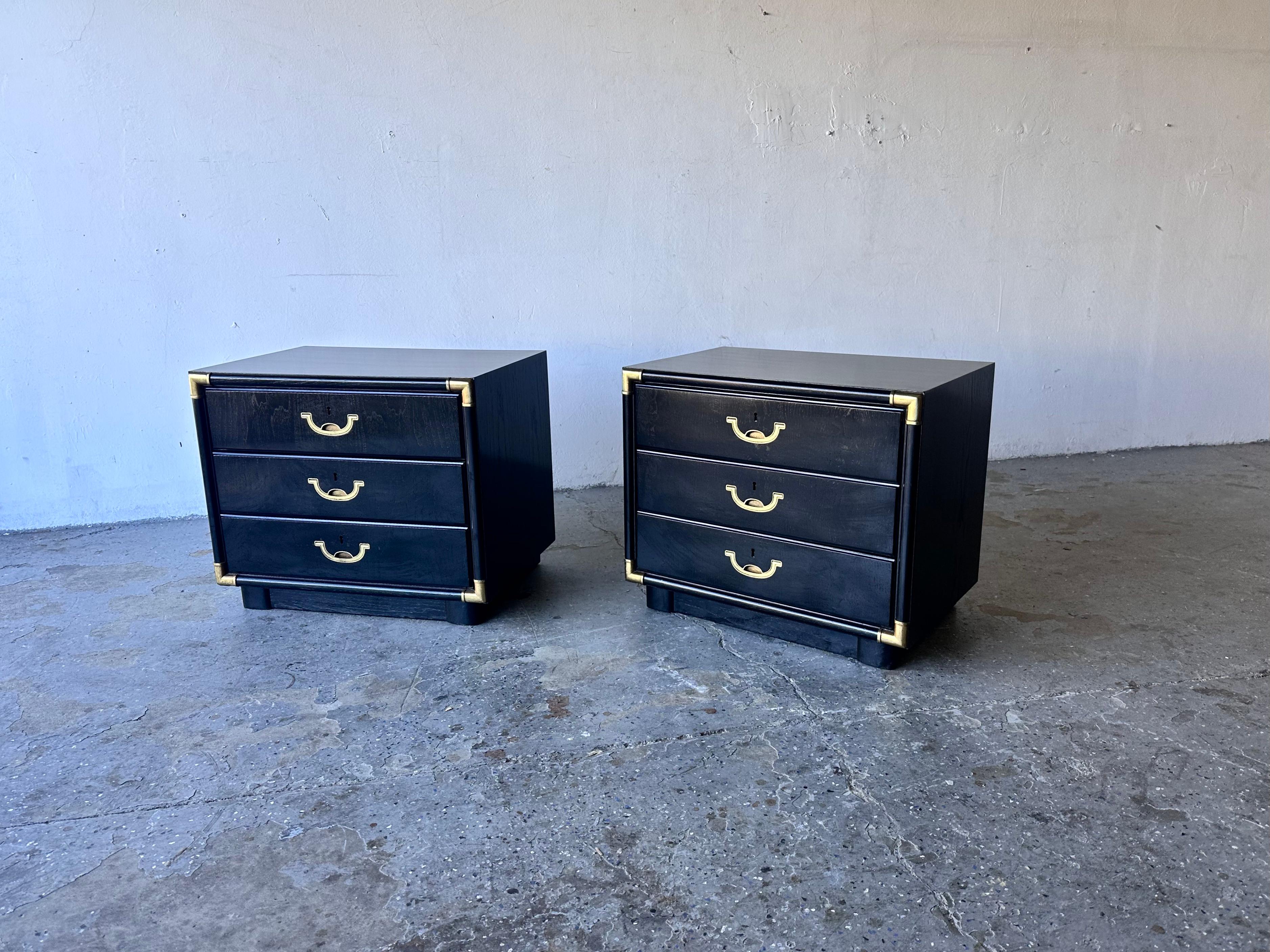 American Black lacquered  mid-century modern Hollywood Regency Campaign  nightstands For Sale