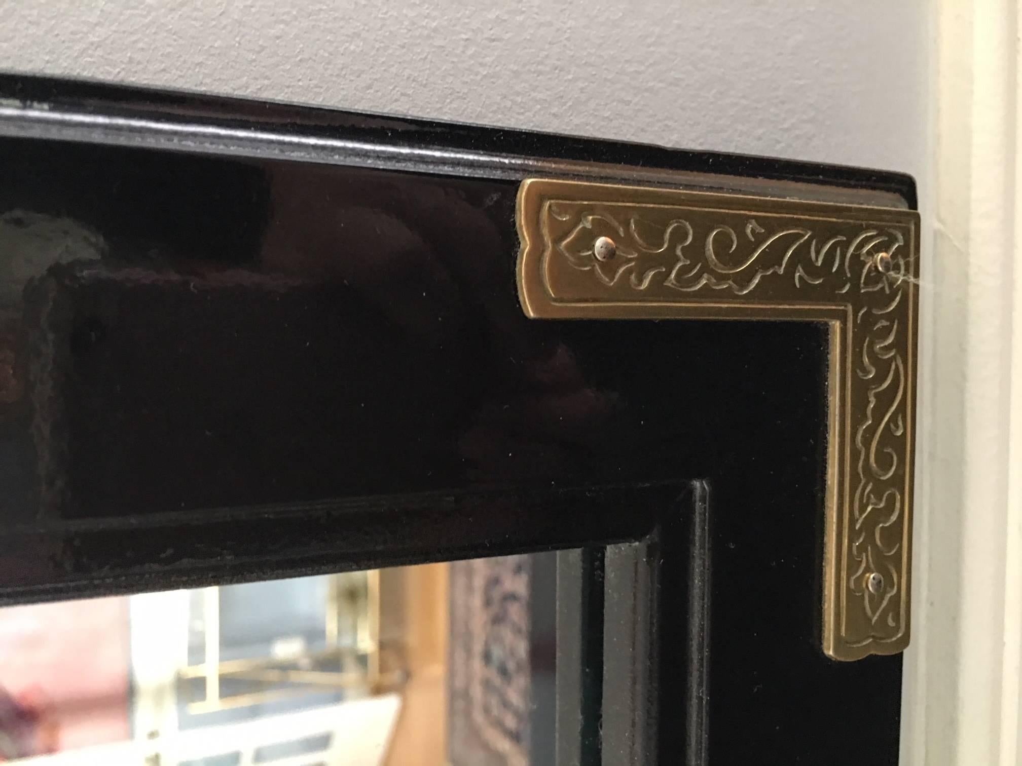 Black Lacquered Mirror with Brass In Excellent Condition In Raleigh, NC