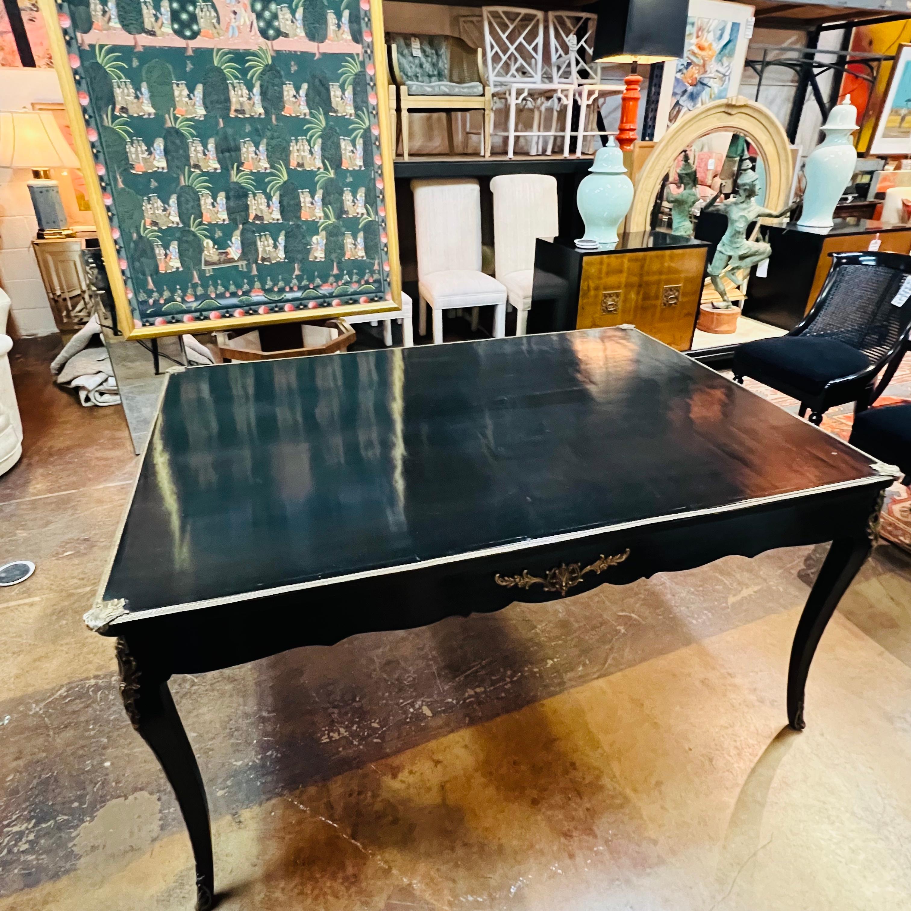 French Black Lacquered Ormolu Desk / Bureau Plat For Sale