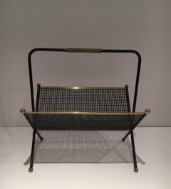 Black Lacquered Perforated Sheet and Brass Design Magazine Rack, French Work
