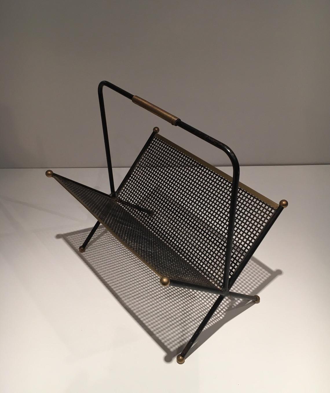 Mid-Century Modern Black Lacquered Perforated Sheet and Brass Design Magazine Rack, French Work For Sale