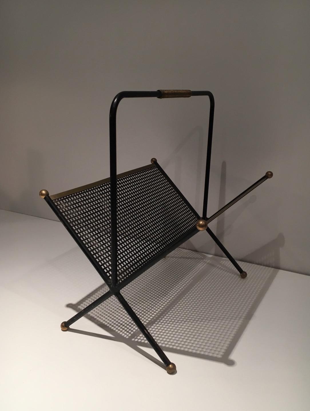Mid-20th Century Black Lacquered Perforated Sheet and Brass Design Magazine Rack, French Work For Sale