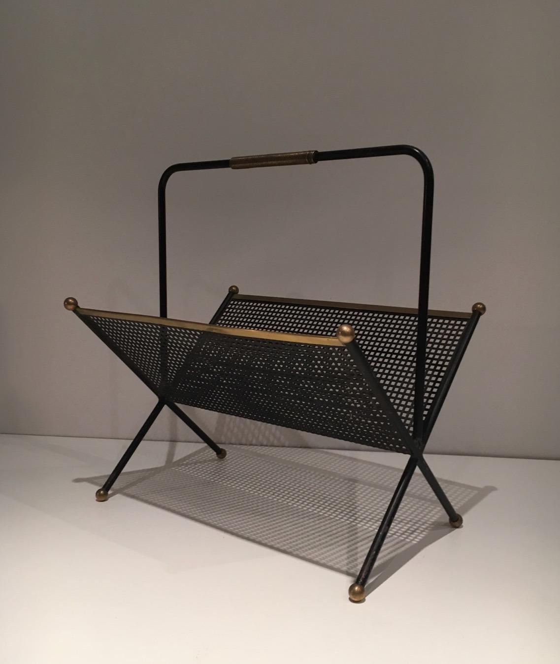 Black Lacquered Perforated Sheet and Brass Design Magazine Rack, French Work For Sale 2