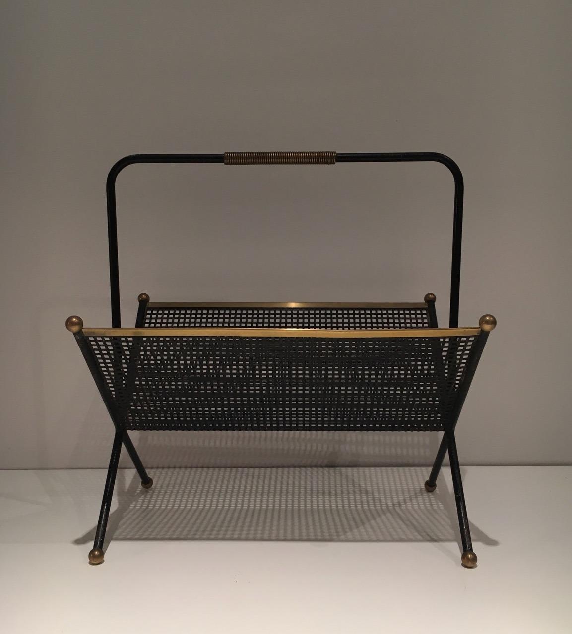 Black Lacquered Perforated Sheet and Brass Design Magazine Rack, French Work For Sale 3