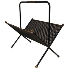 Black Lacquered Perforated Sheet and Brass Design Magazine Rack, French Work