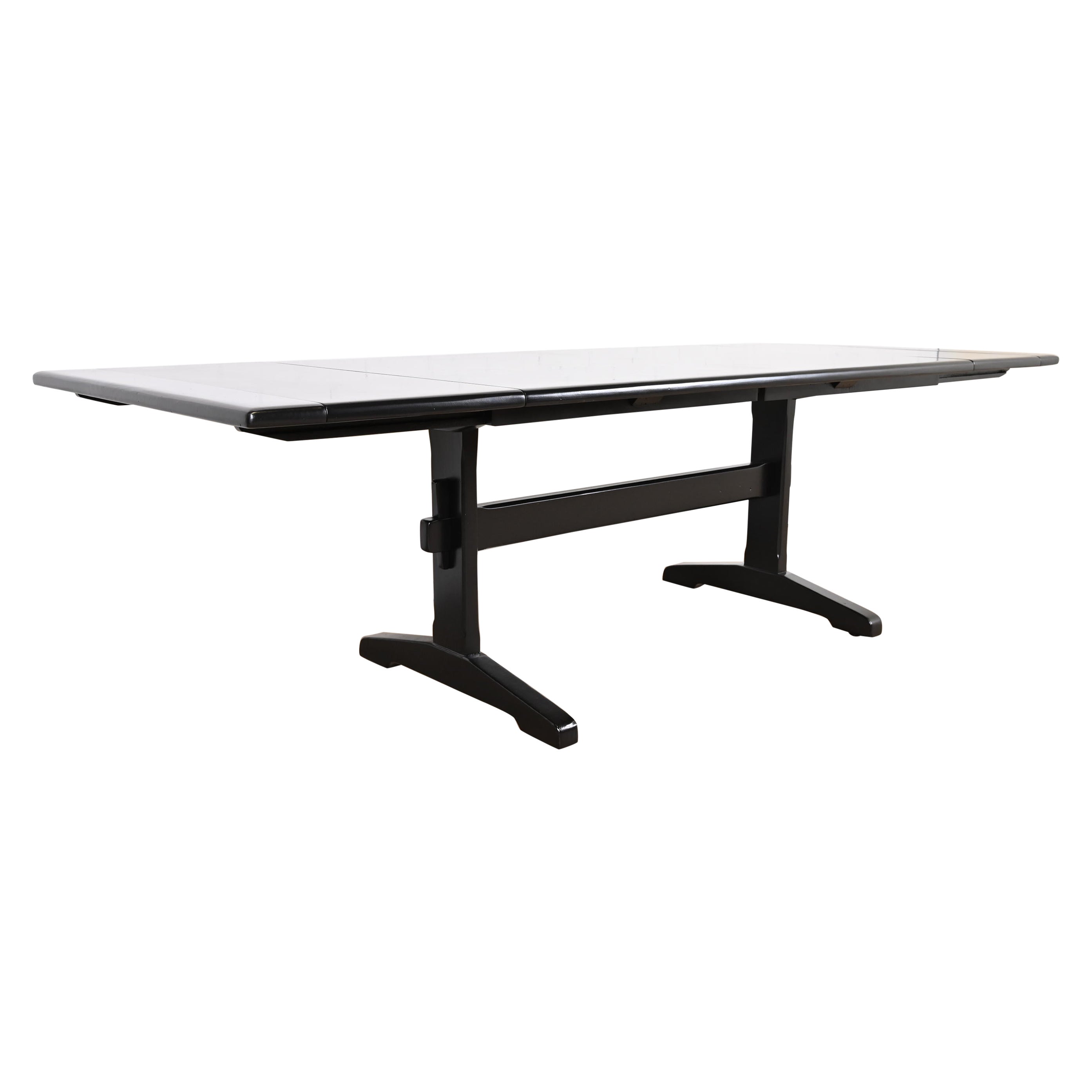 Black Lacquered Pine Trestle Base Farmhouse Dining Table, Refinished