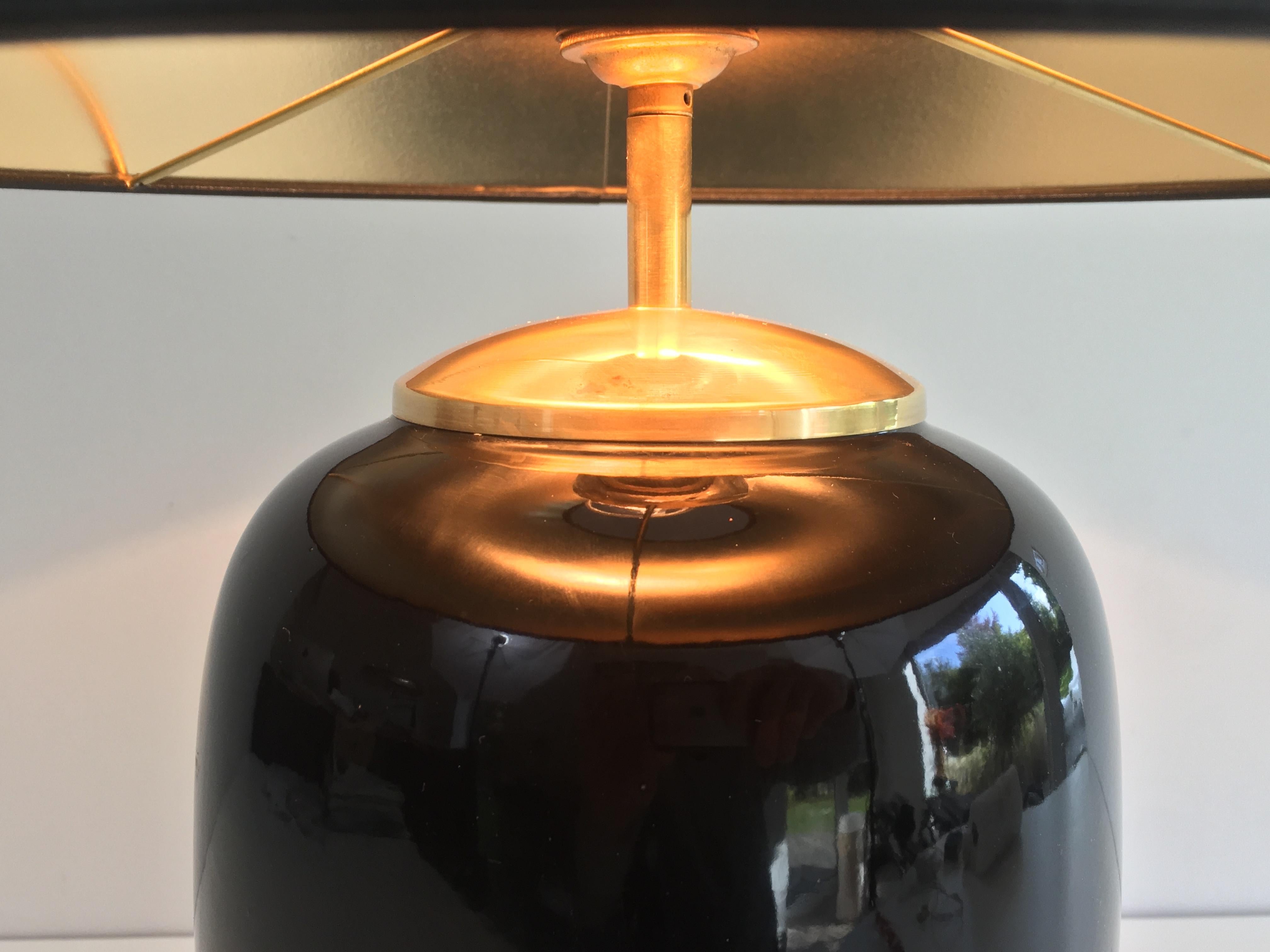 Black Lacquered Porcelain and Brass Table Lamp, French, circa 1970 3