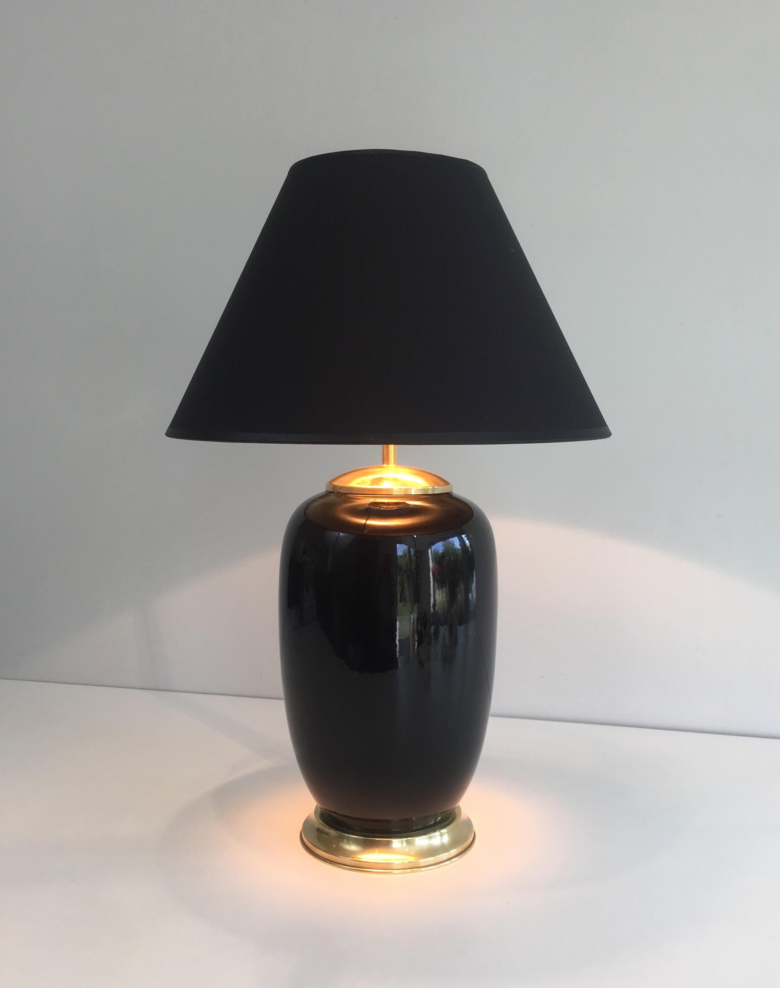 Black Lacquered Porcelain and Brass Table Lamp, French, circa 1970 5