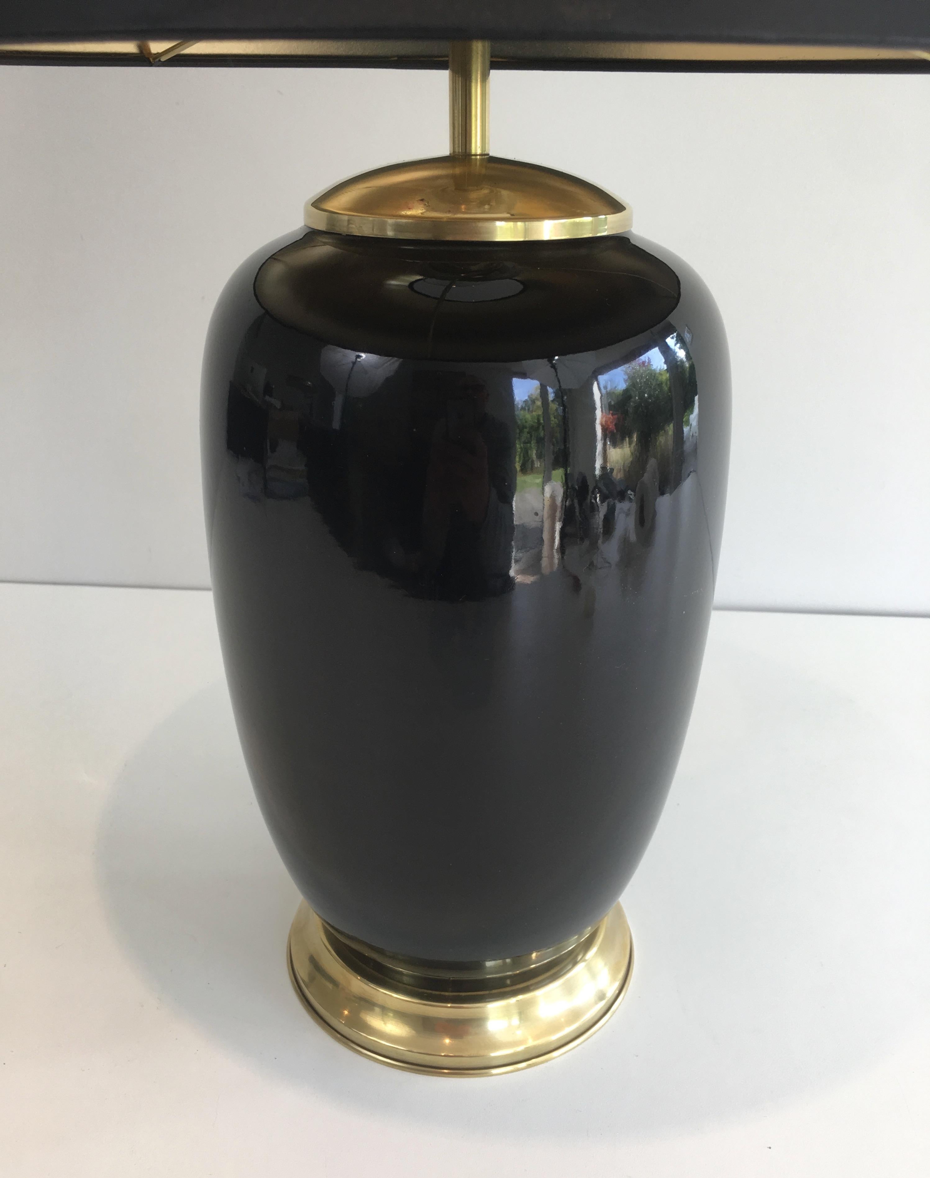 Mid-Century Modern Black Lacquered Porcelain and Brass Table Lamp, French, circa 1970