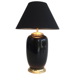 Black Lacquered Porcelain and Brass Table Lamp, French, circa 1970