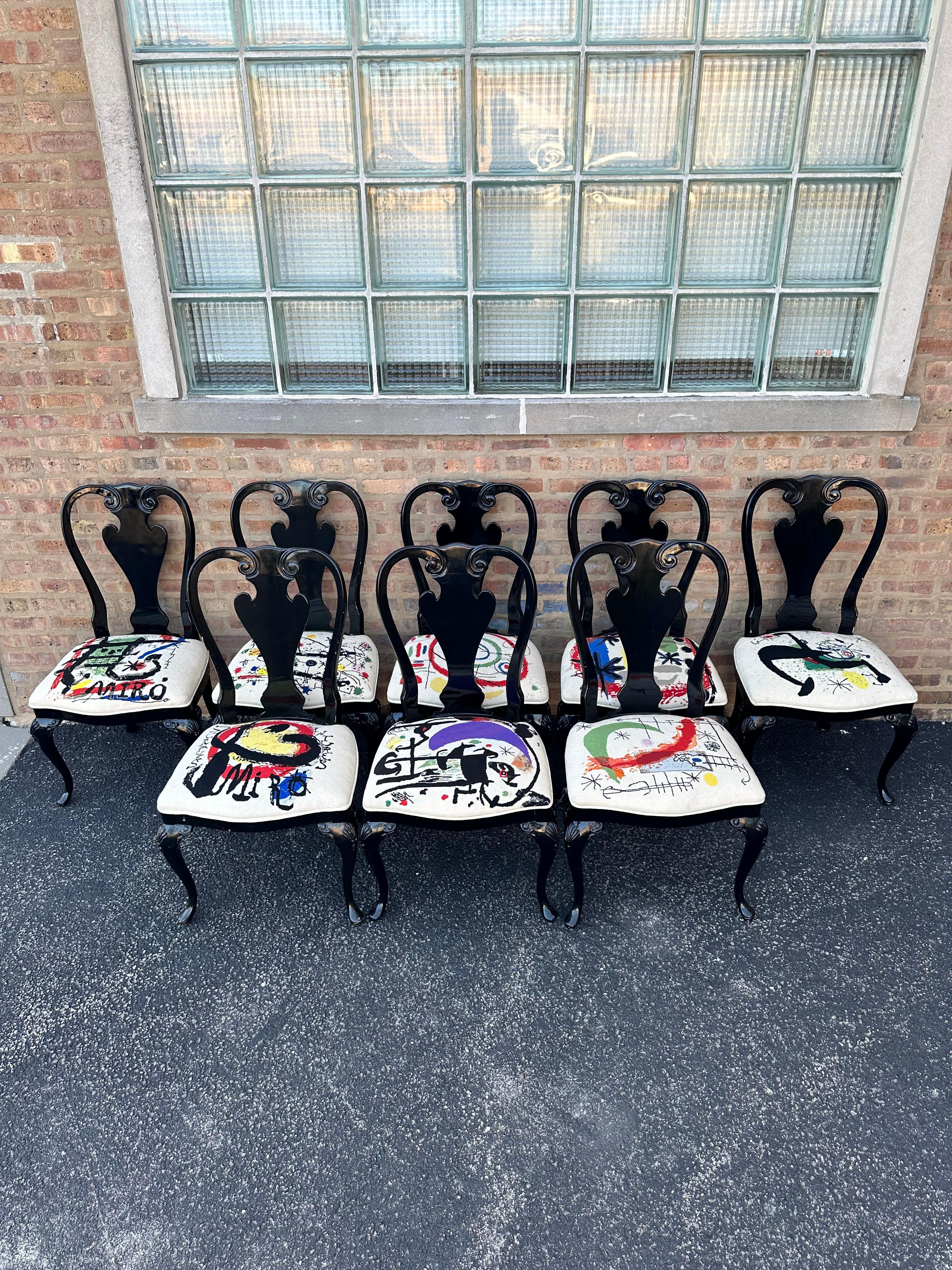 Black Lacquered Queen Anne Dining Chairs with Custom Miró Needlepoint Seats 11