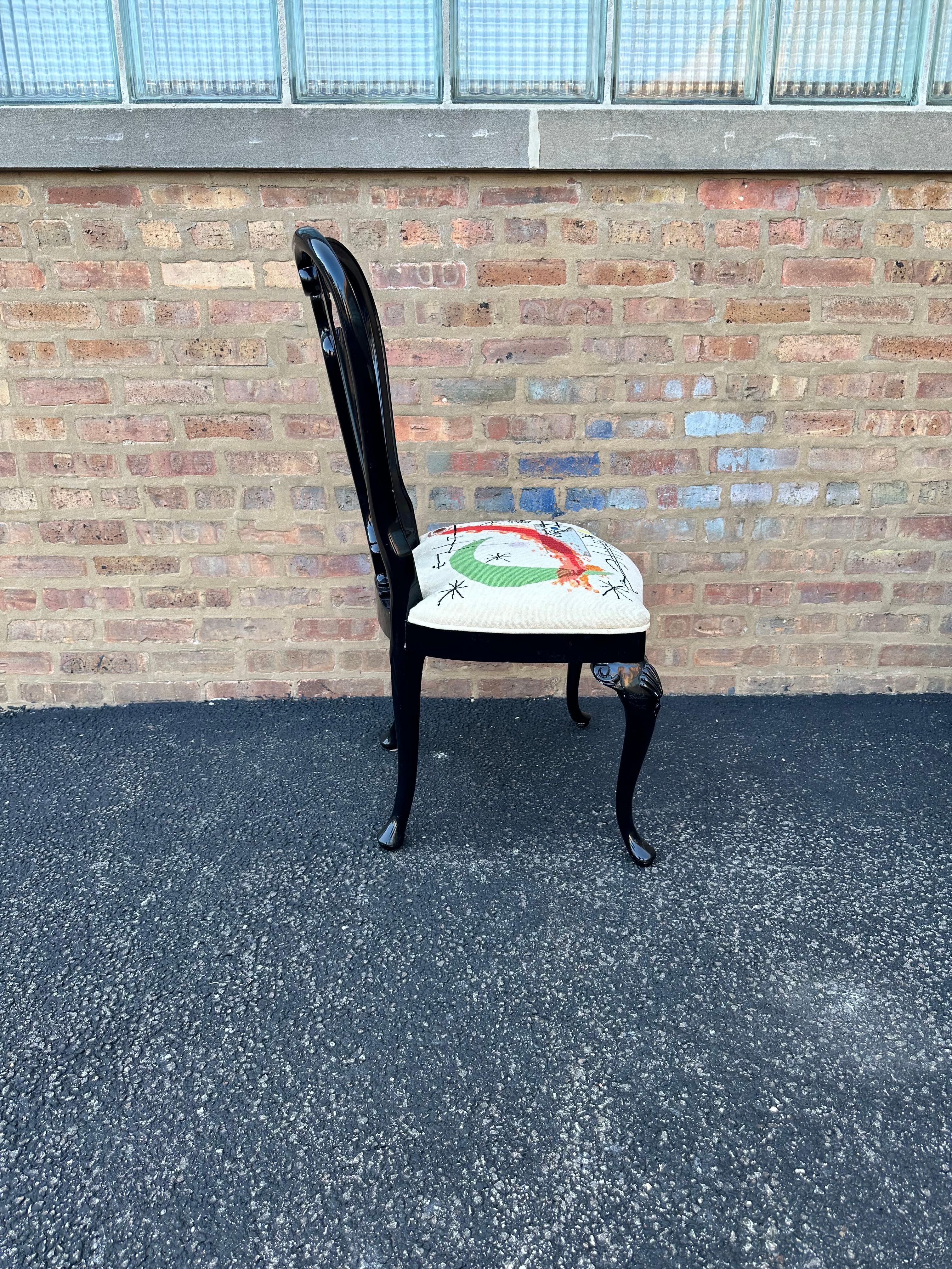 American Black Lacquered Queen Anne Dining Chairs with Custom Miró Needlepoint Seats