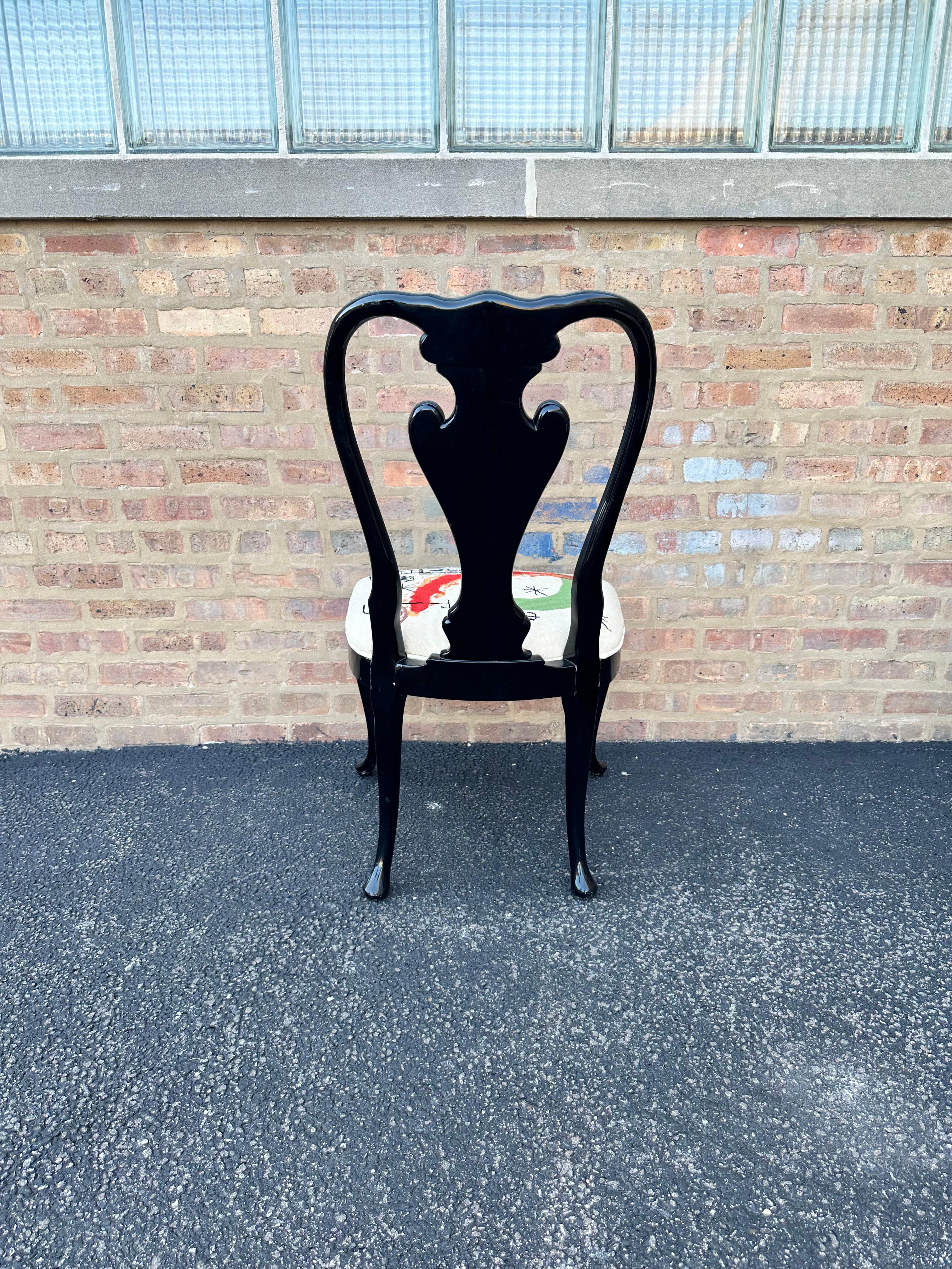 Black Lacquered Queen Anne Dining Chairs with Custom Miró Needlepoint Seats In Good Condition In Skokie, IL