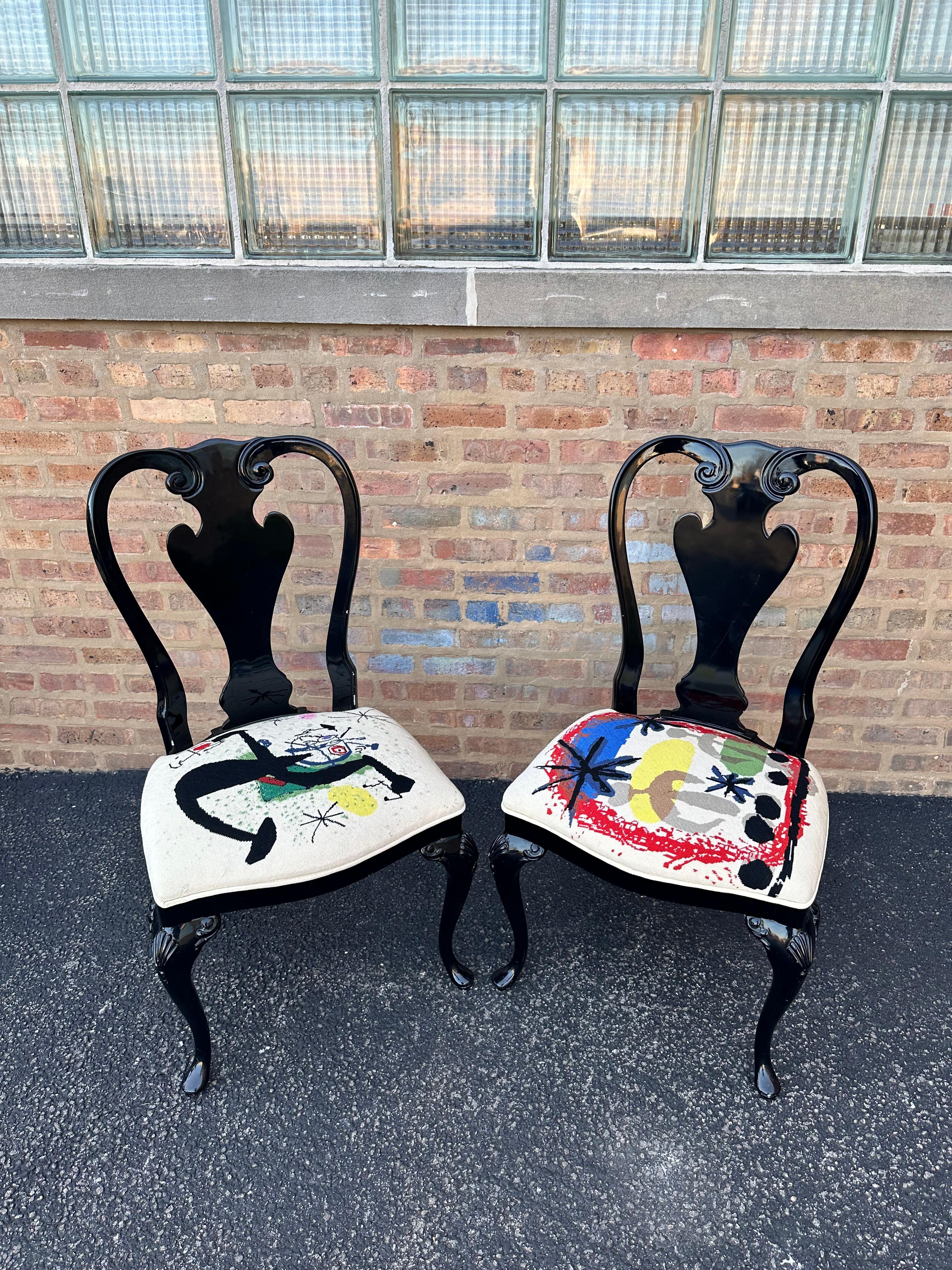 Black Lacquered Queen Anne Dining Chairs with Custom Miró Needlepoint Seats 2