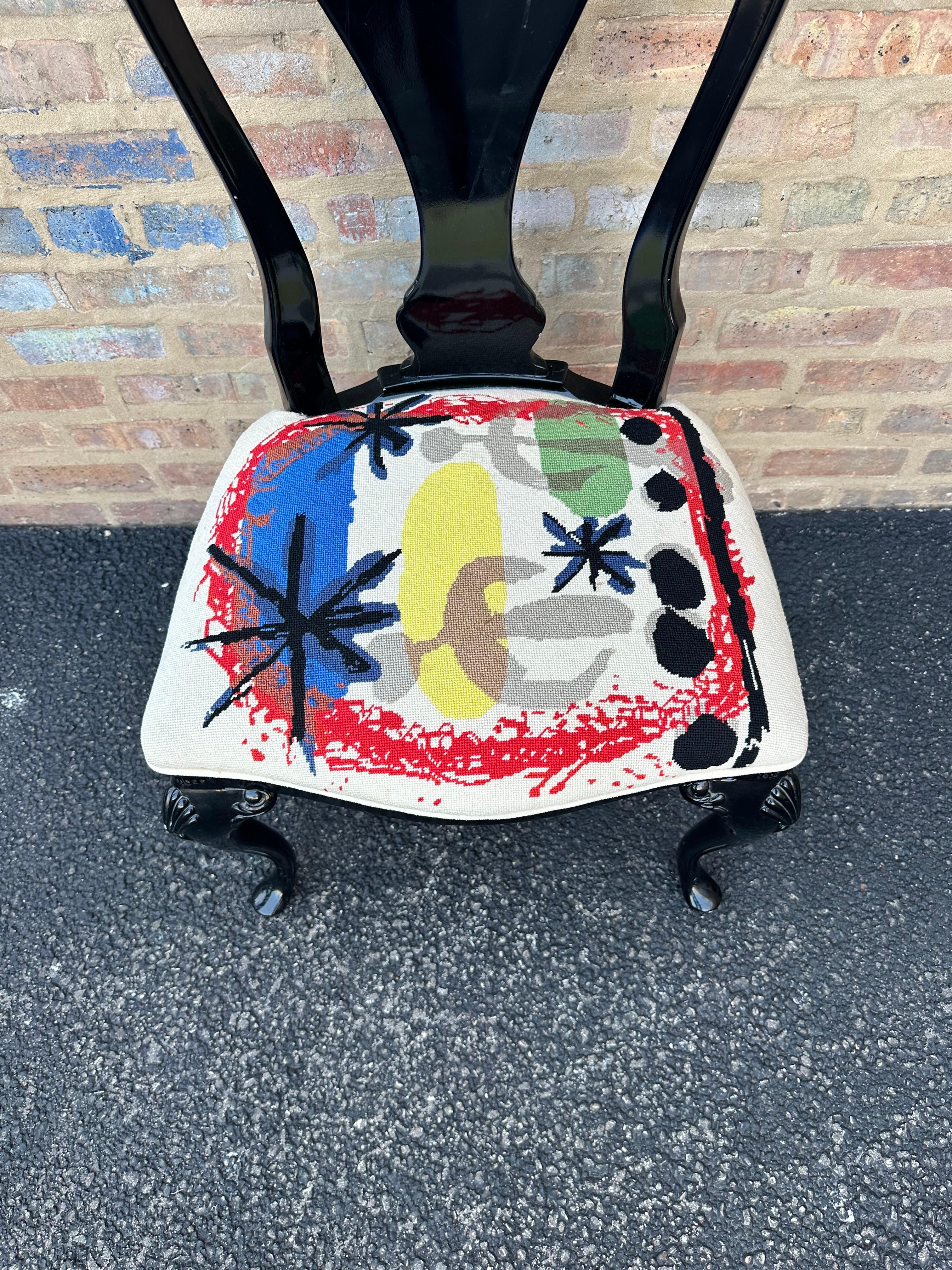 Black Lacquered Queen Anne Dining Chairs with Custom Miró Needlepoint Seats 3