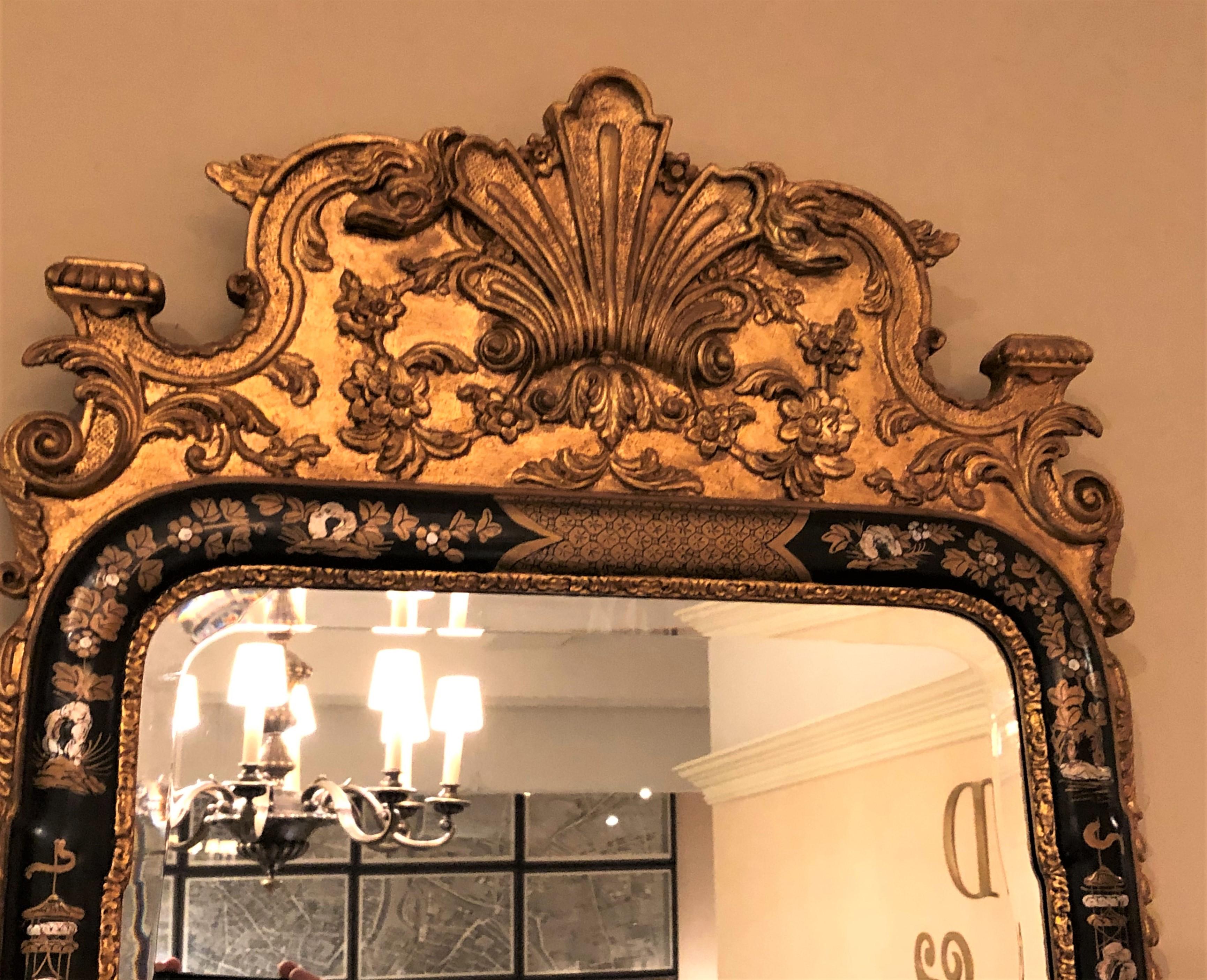 Hand-Painted Black Lacquered Queen Anne Style Mirror w/ Chinoiserie Decoration & Bevel Glass