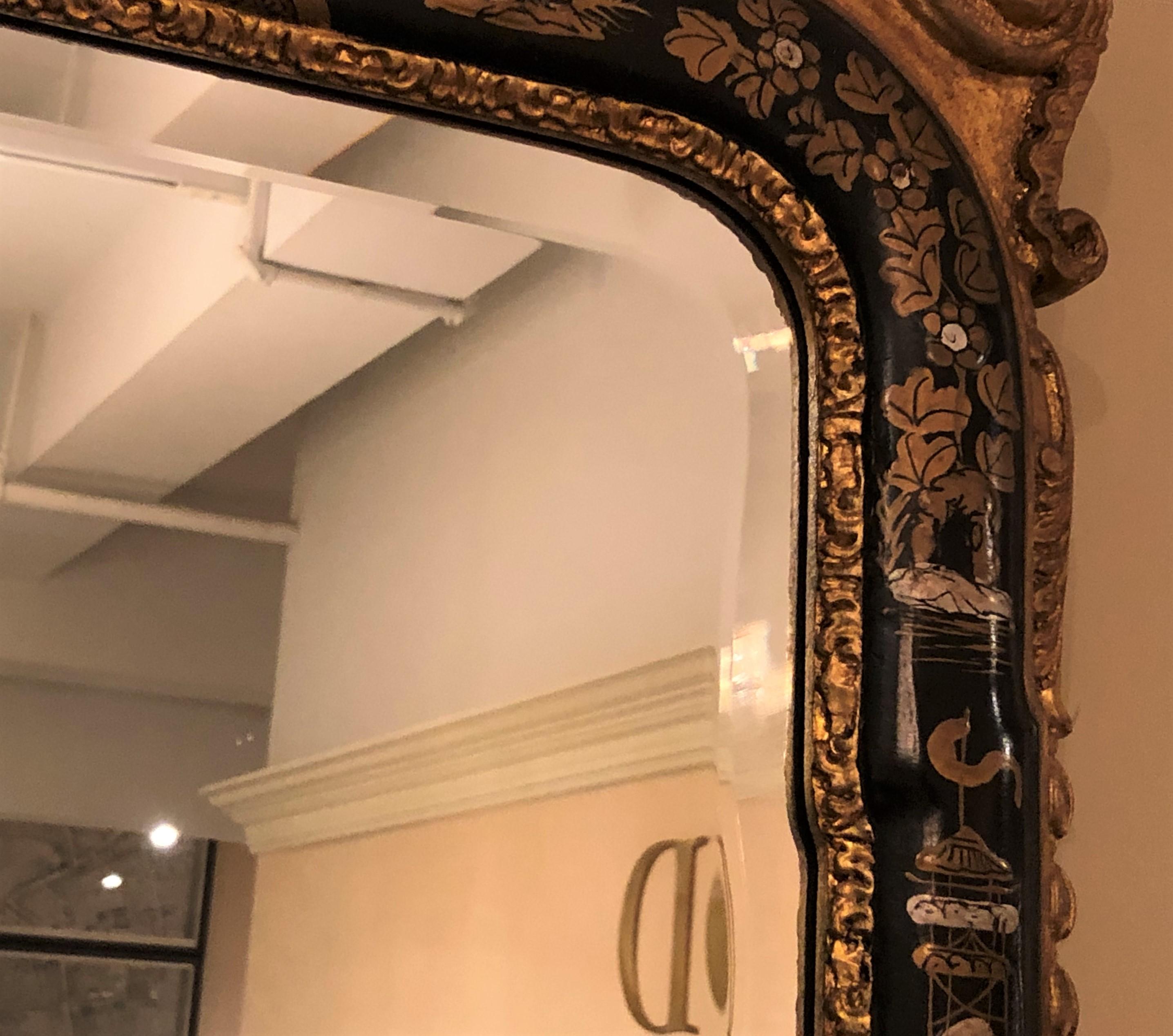 Black Lacquered Queen Anne Style Mirror w/ Chinoiserie Decoration & Bevel Glass In Excellent Condition In North Salem, NY