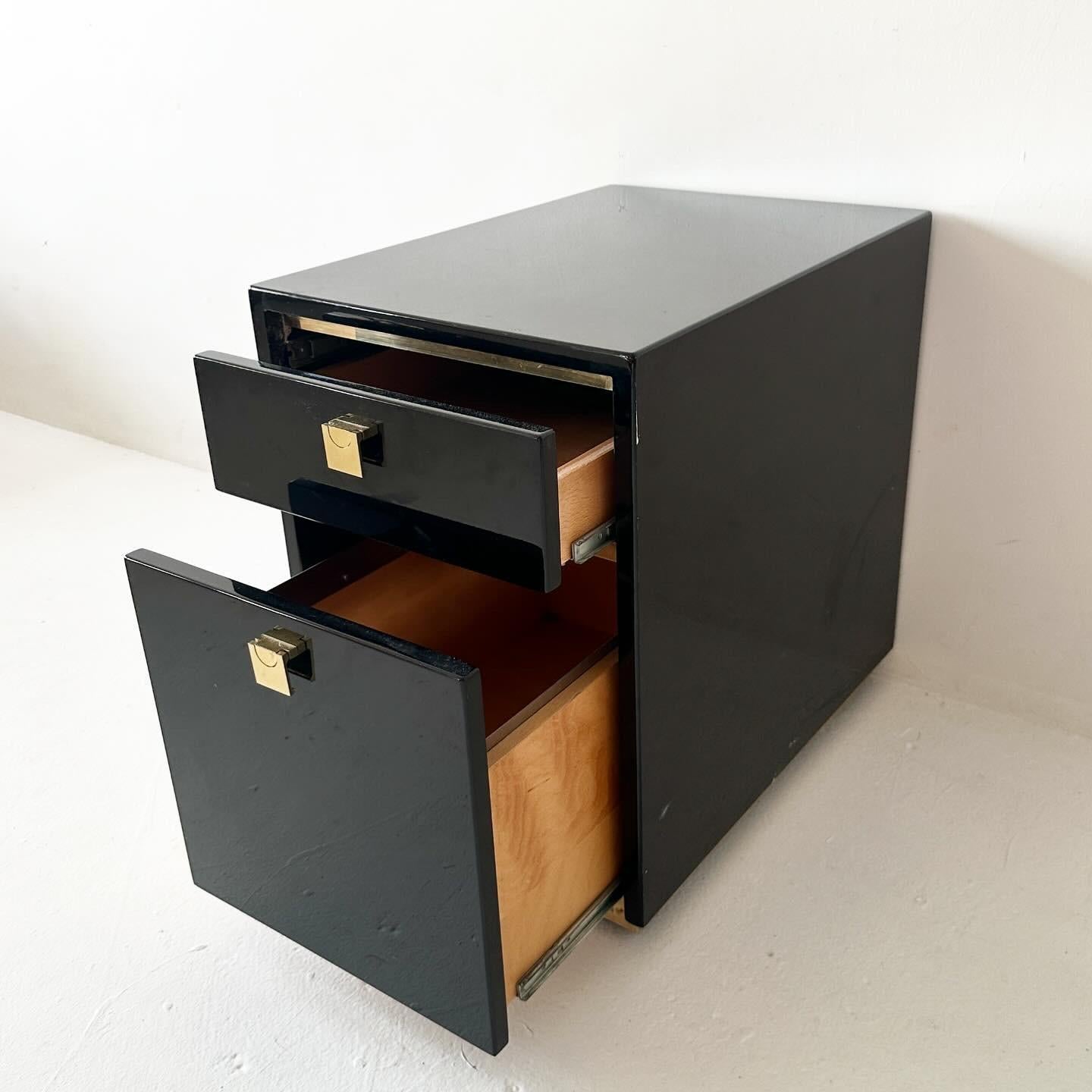 North American black lacquered rolling filing cabinet with brass accents For Sale