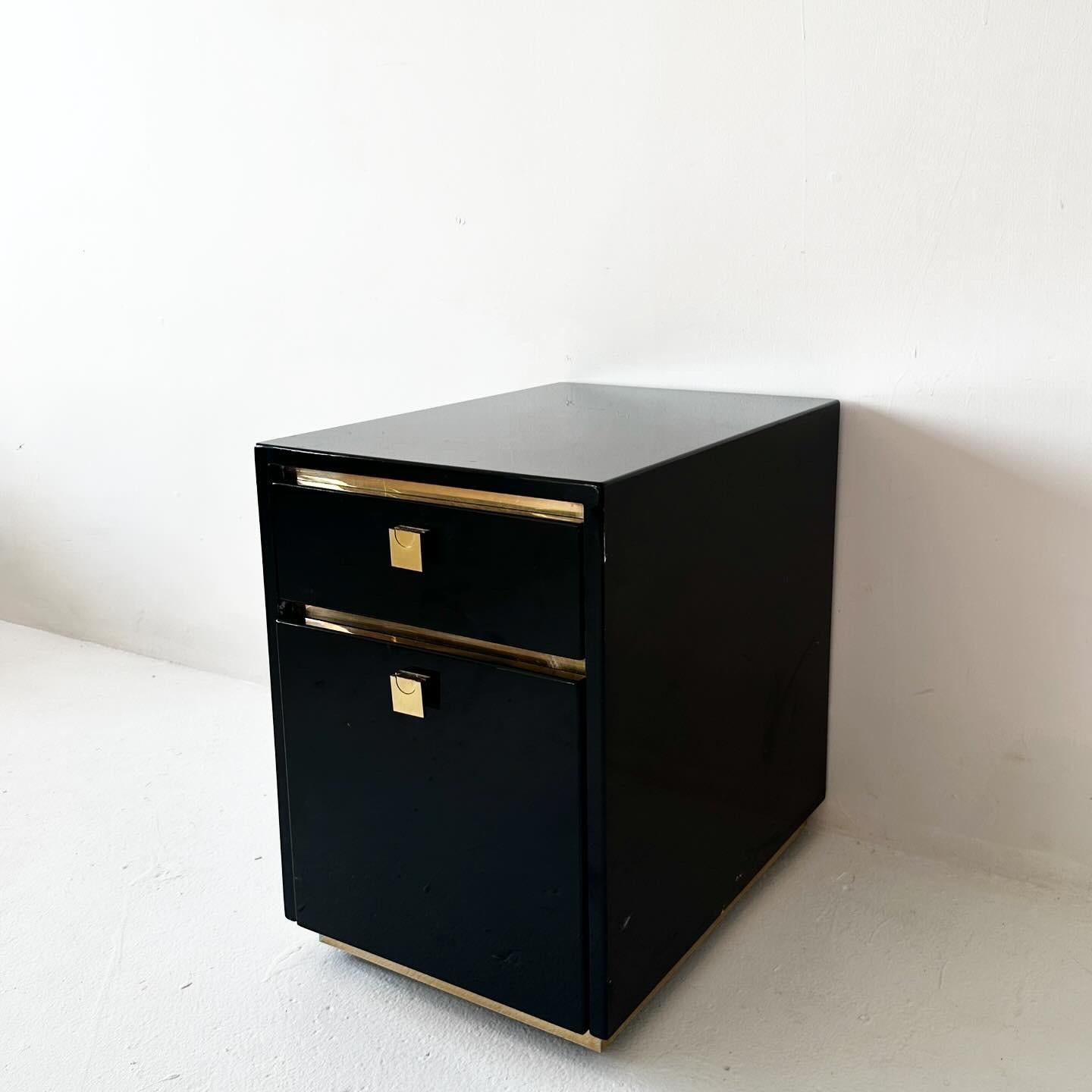 Lacquered black lacquered rolling filing cabinet with brass accents For Sale