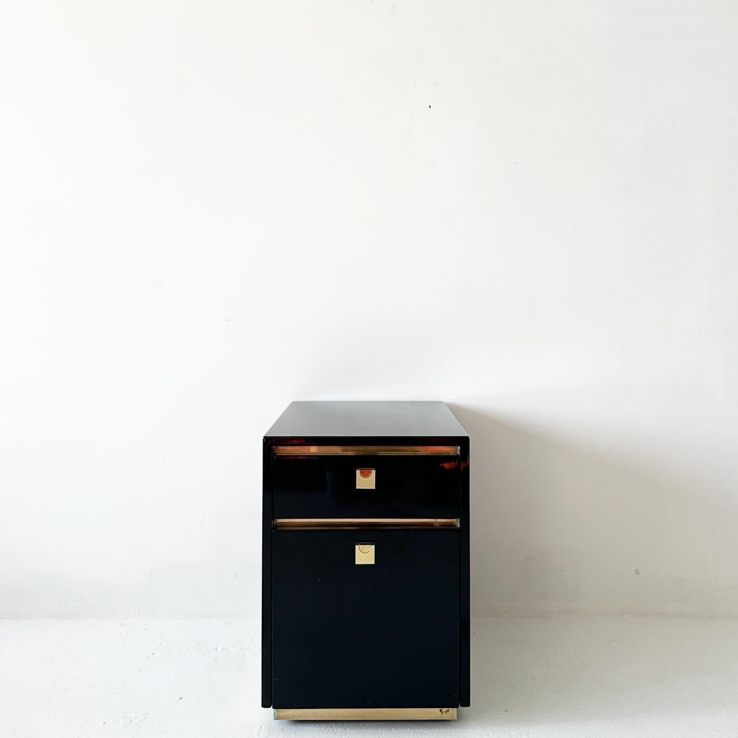 black lacquered rolling filing cabinet with brass accents In Good Condition For Sale In Los Angeles, CA