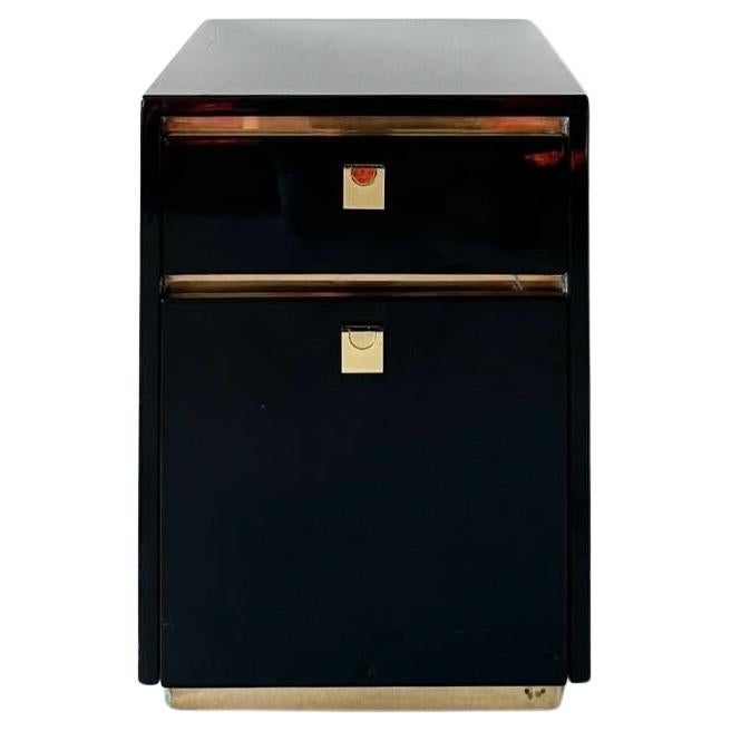 black lacquered rolling filing cabinet with brass accents For Sale