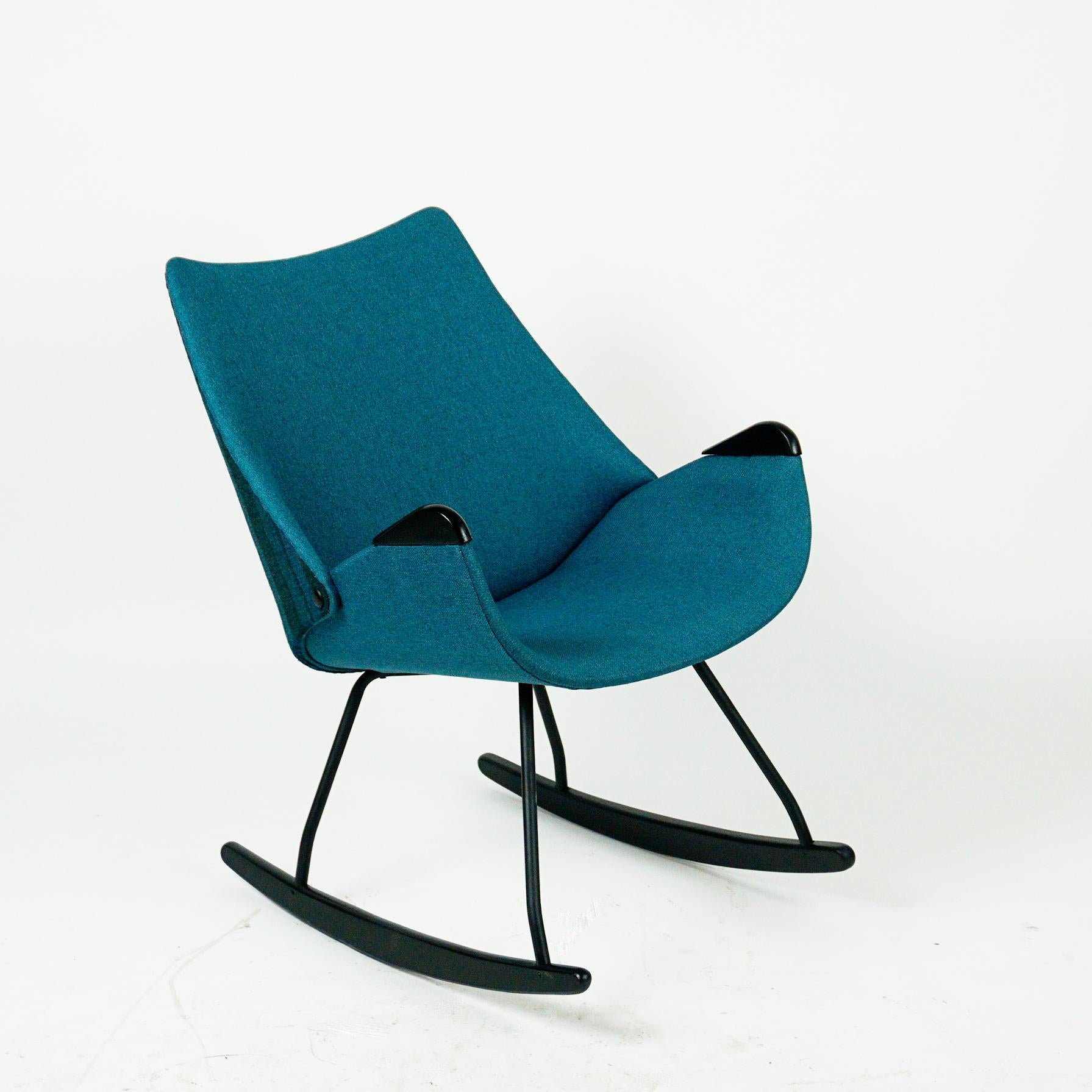 Mid-Century Modern Black Lacquered Scandinavian Shell Seat Rocking Chair with Blue Fabric