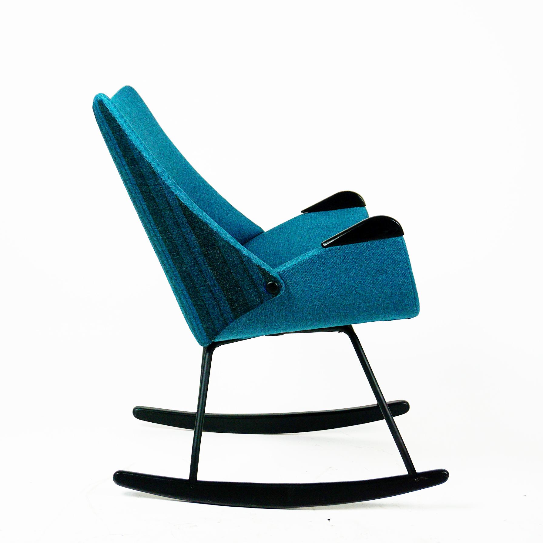 Mid-20th Century Black Lacquered Scandinavian Shell Seat Rocking Chair with Blue Fabric