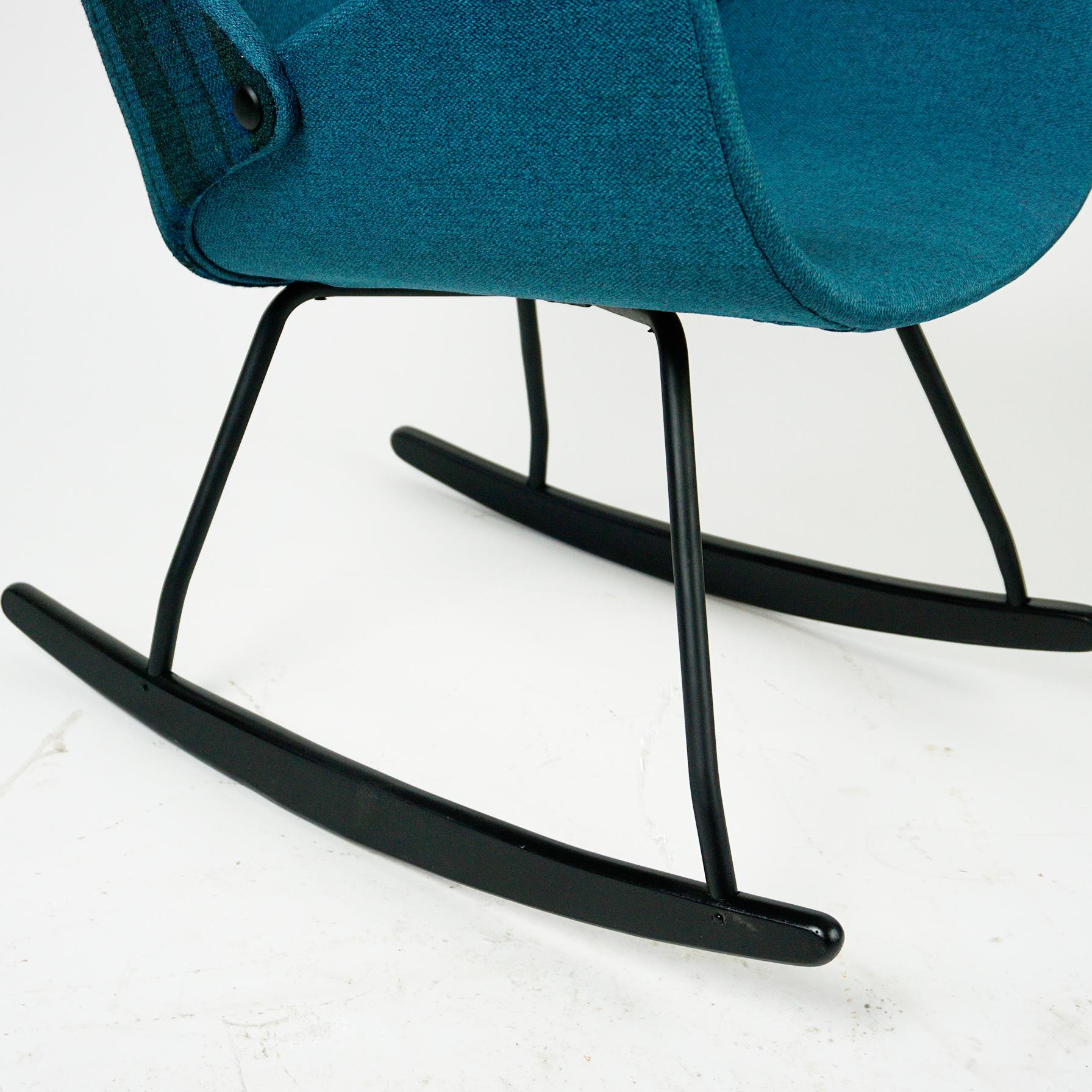 Black Lacquered Scandinavian Shell Seat Rocking Chair with Blue Fabric 1