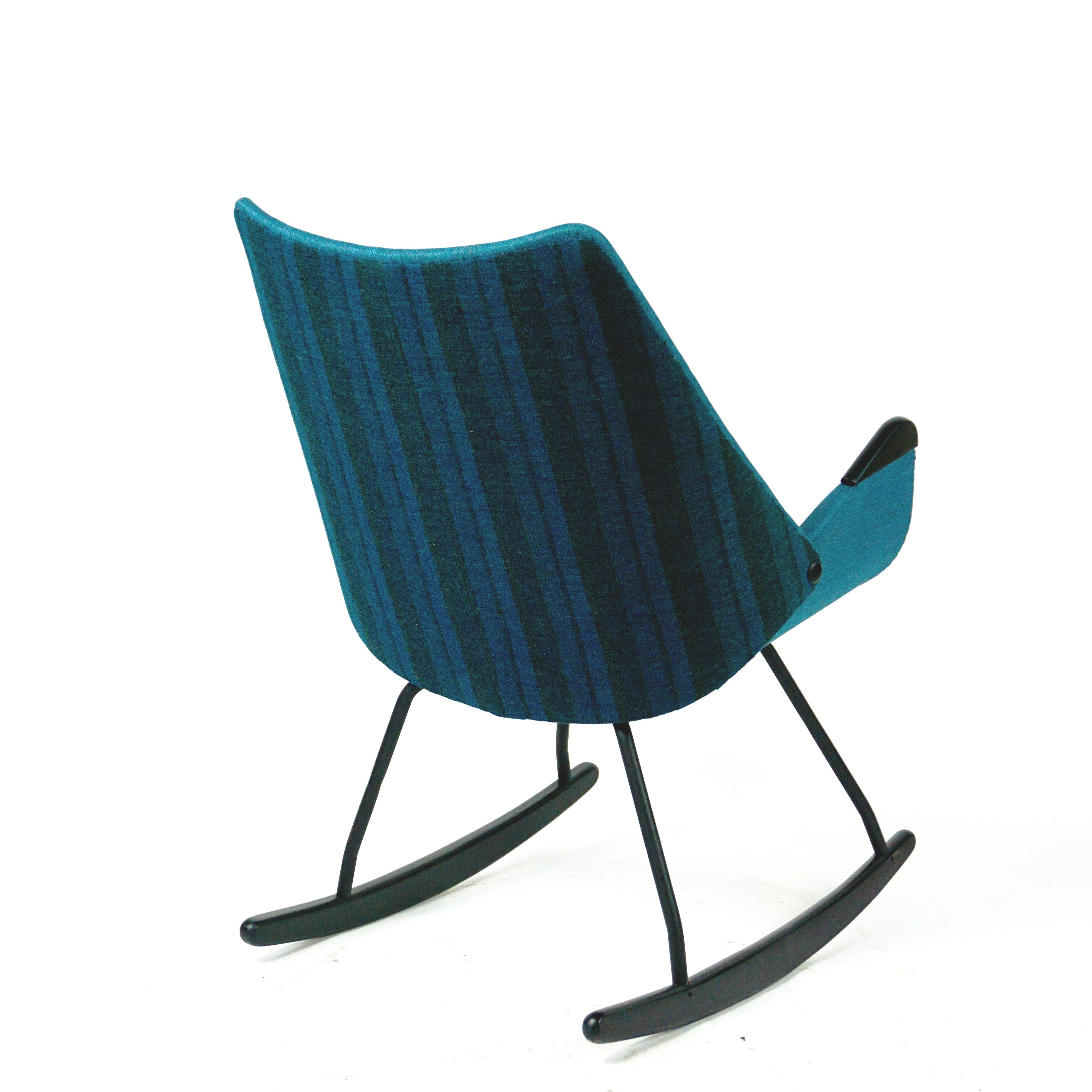 Black Lacquered Scandinavian Shell Seat Rocking Chair with Blue Fabric 2
