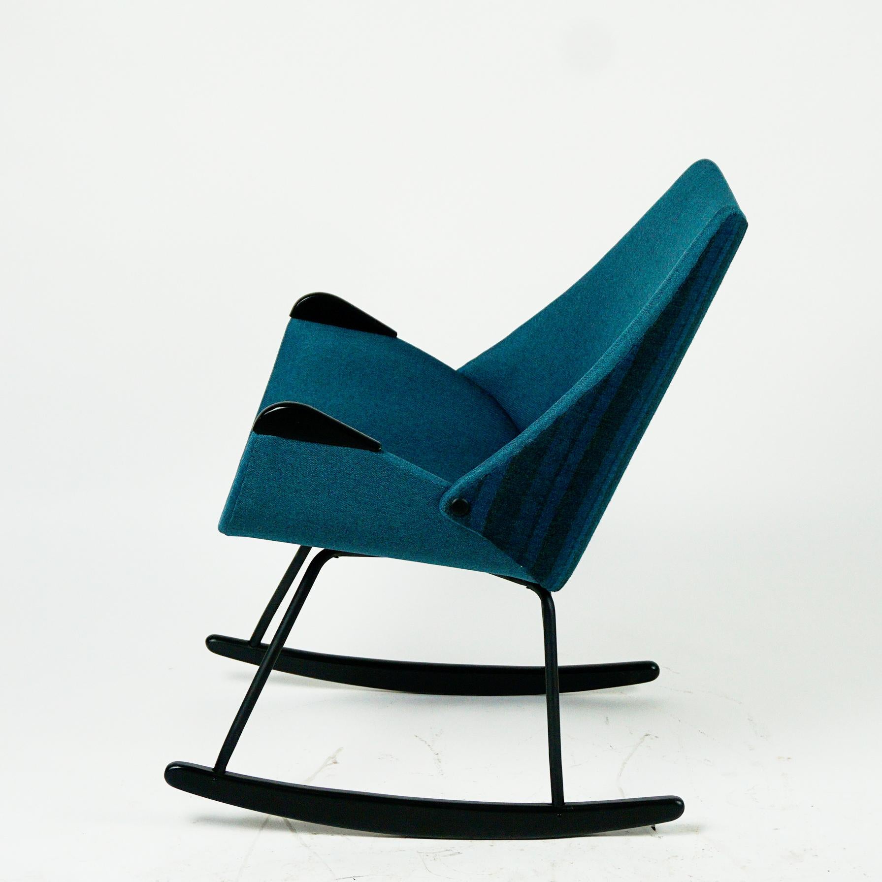 Black Lacquered Scandinavian Shell Seat Rocking Chair with Blue Fabric 3