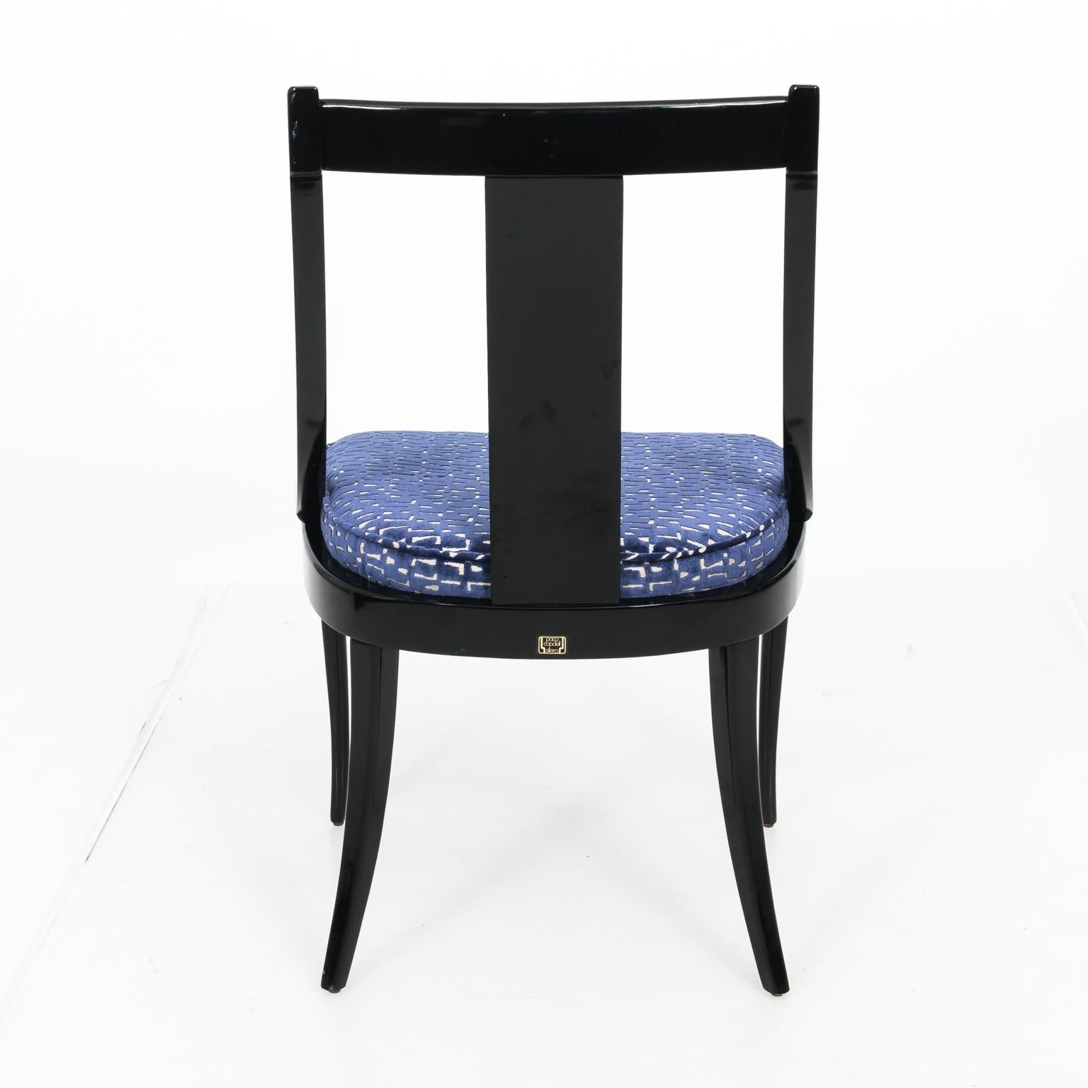 Black lacquer side chair by Paco Capdell Sillala, circa mid-20th century. Newly upholstered in blue velvet boxed cushion.