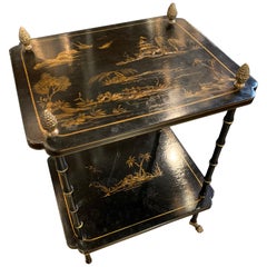 Black Lacquered Side Table with Raised Chinoiserie Decoration