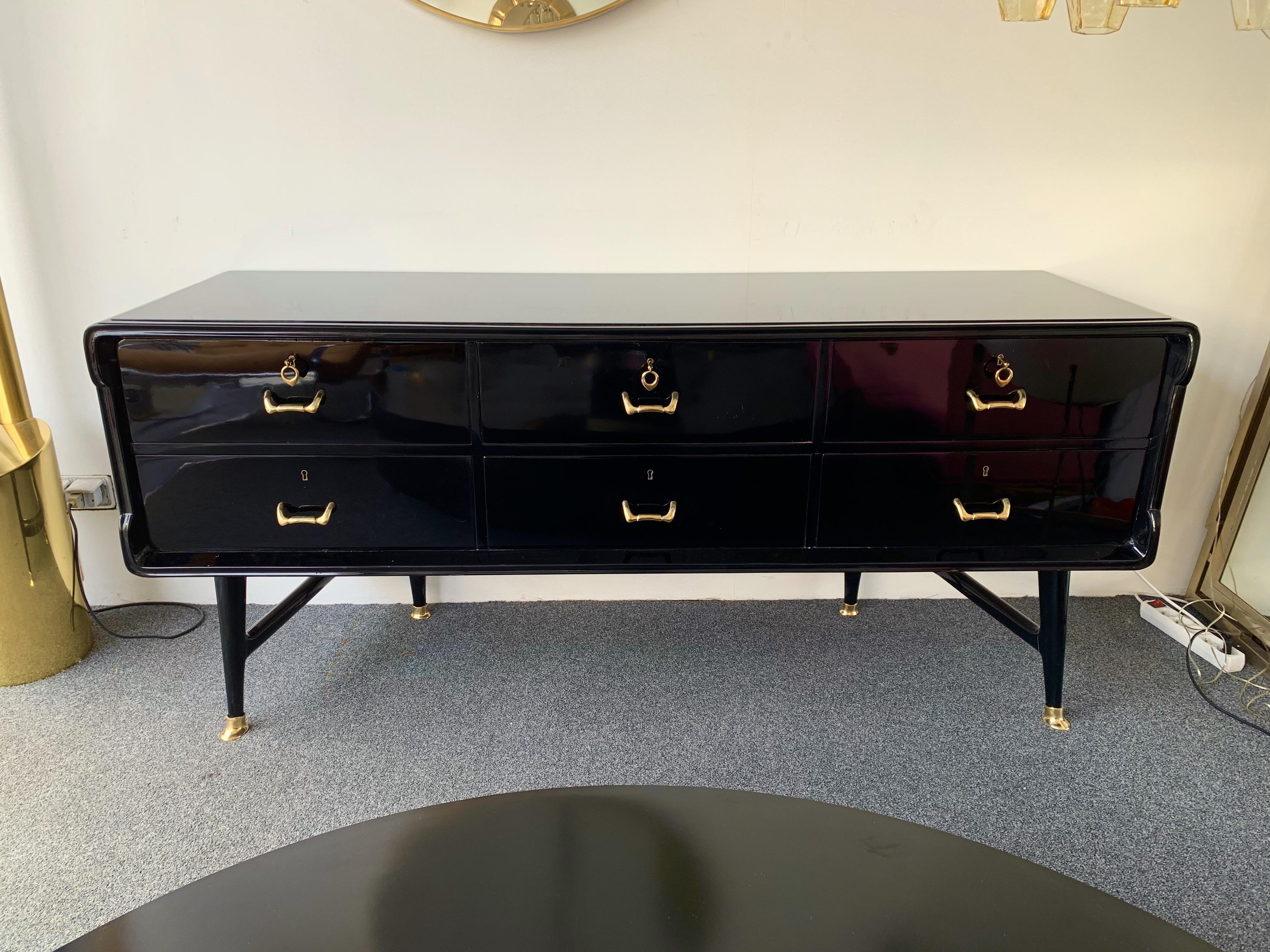 Mid-Century Modern Black Lacquered Sideboard and Brass by Vittorio Dassi, Italy, 1950s