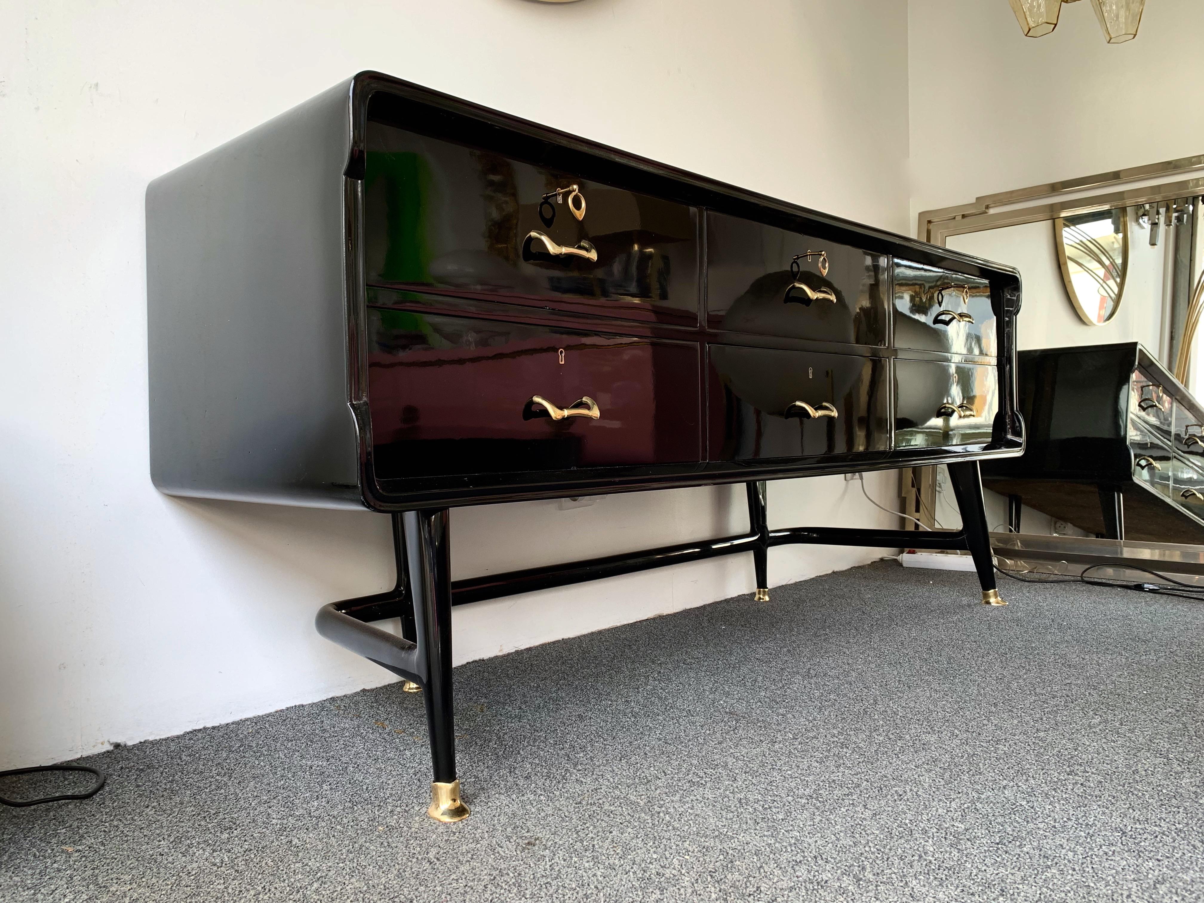 Black Lacquered Sideboard and Brass by Vittorio Dassi, Italy, 1950s 3