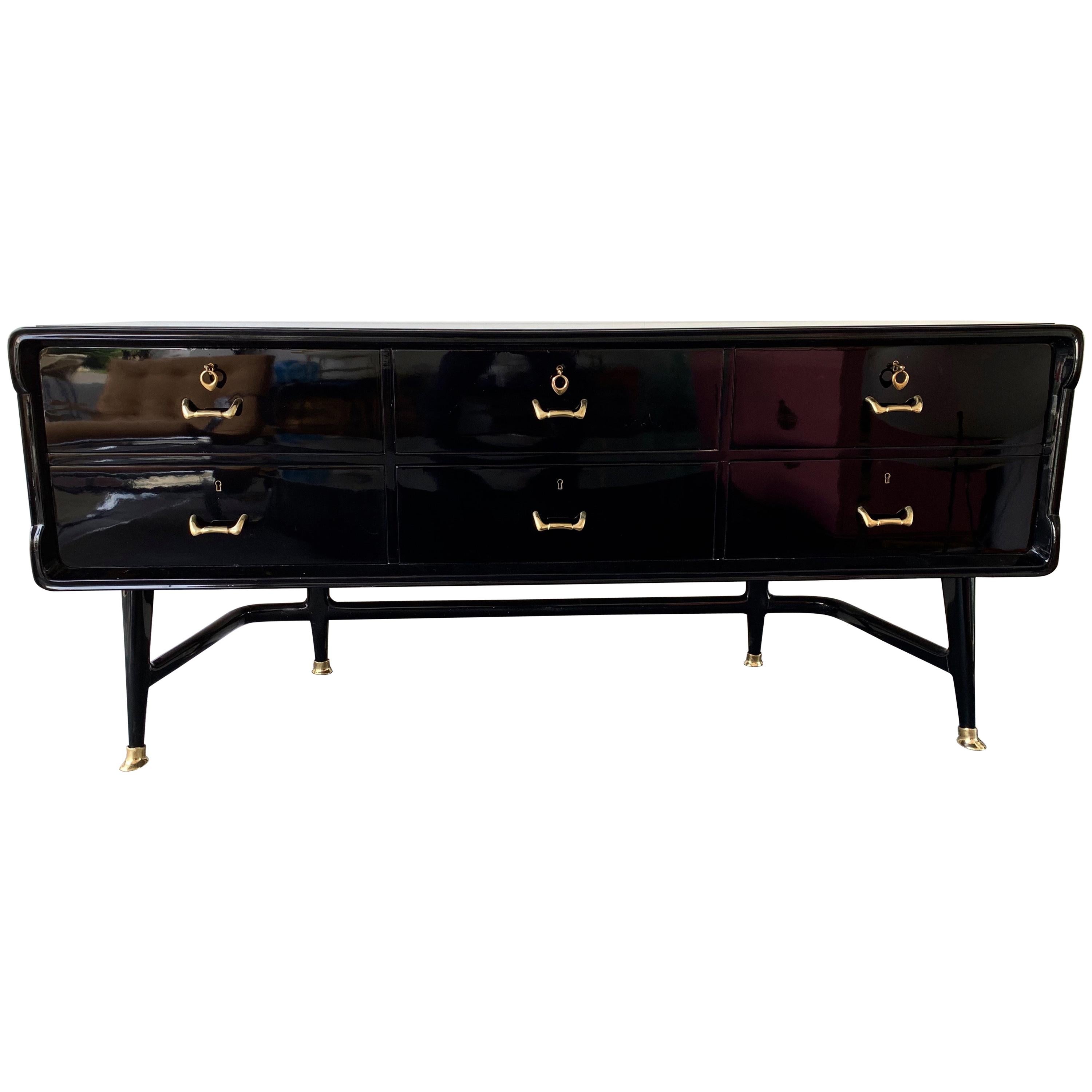 Black Lacquered Sideboard and Brass by Vittorio Dassi, Italy, 1950s