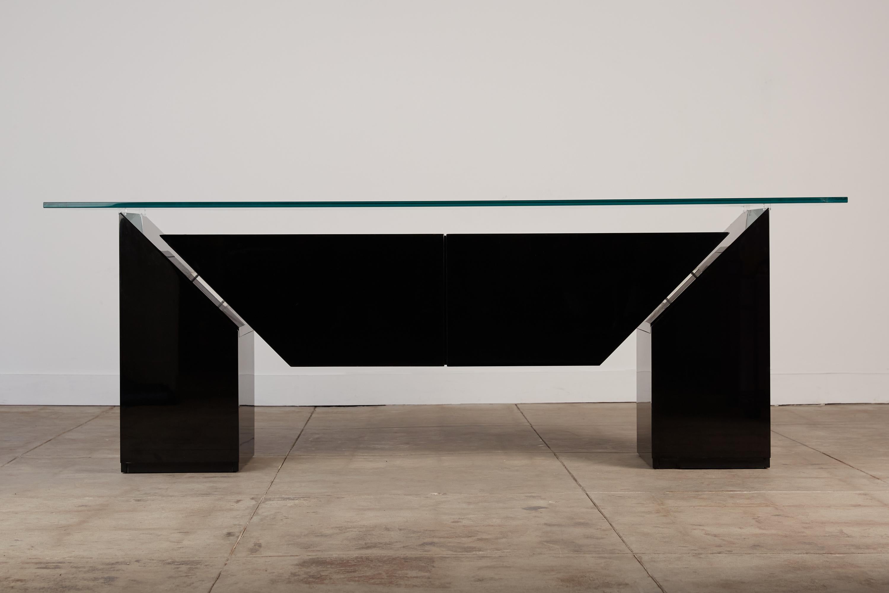 A striking sideboard designed by Milanese architect Luigi Gorgoni and manufactured for Roche Bobois, France c.1980's. The bridge like design, inspired by the Brooklyn Bridge quickly coined its nickname 