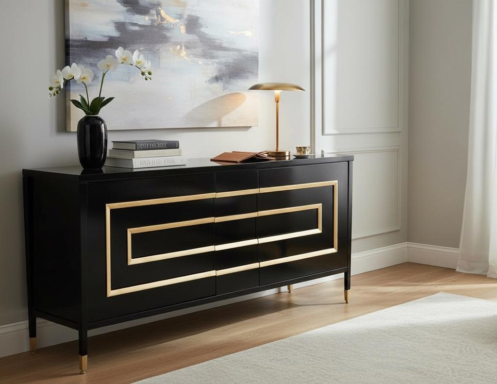 Dieses auffällige, schwarz lackierte Sideboard besticht durch sein schlichtes, modernes Design, das durch geometrische Details in Blattgold akzentuiert wird. Eine abgeschrägte Rauchglasplatte sorgt für einen raffinierten Touch, während Füße mit