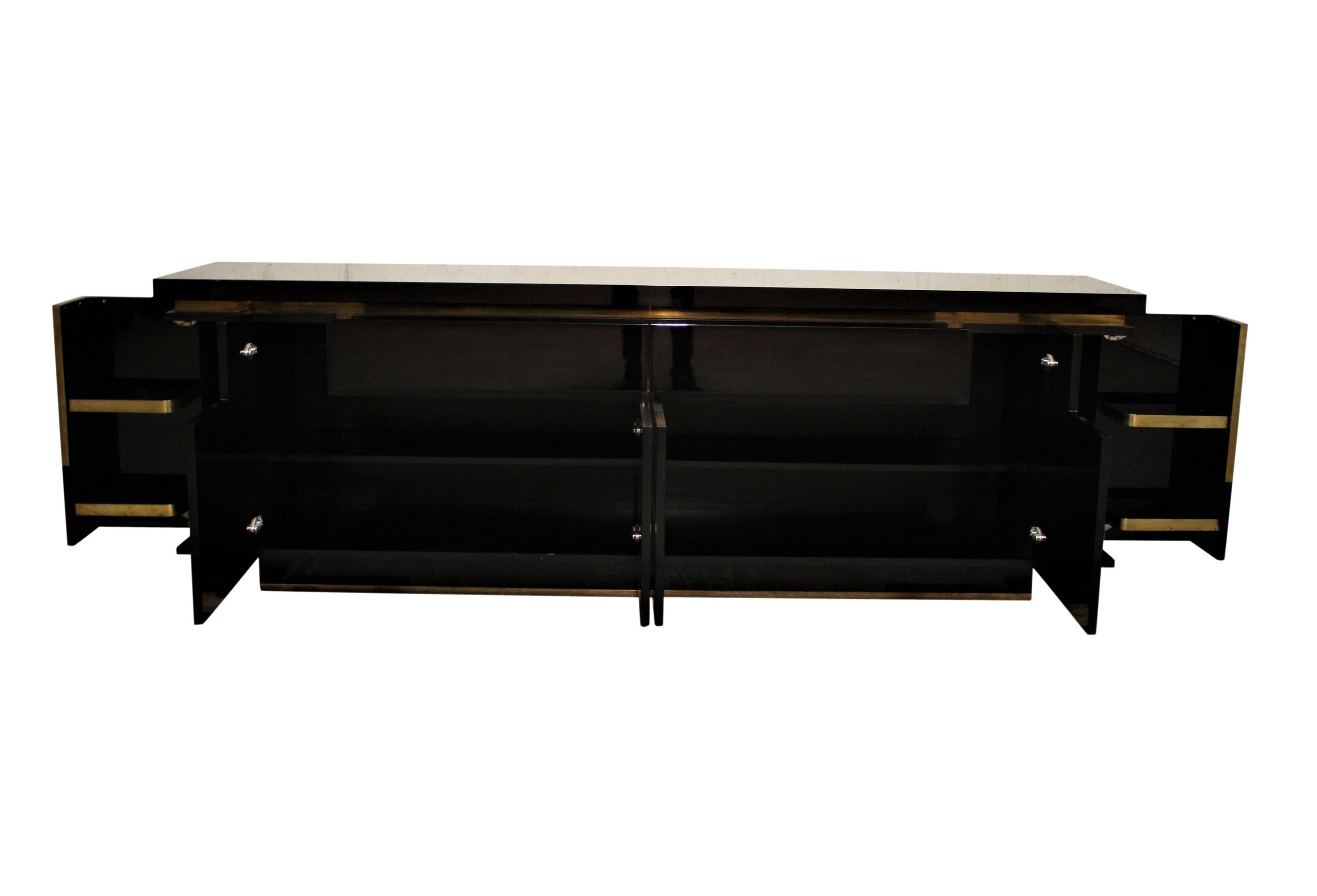 Wood Black Lacquered Sideboard / Credenza with Brass Trim by Jean Claude Mahey