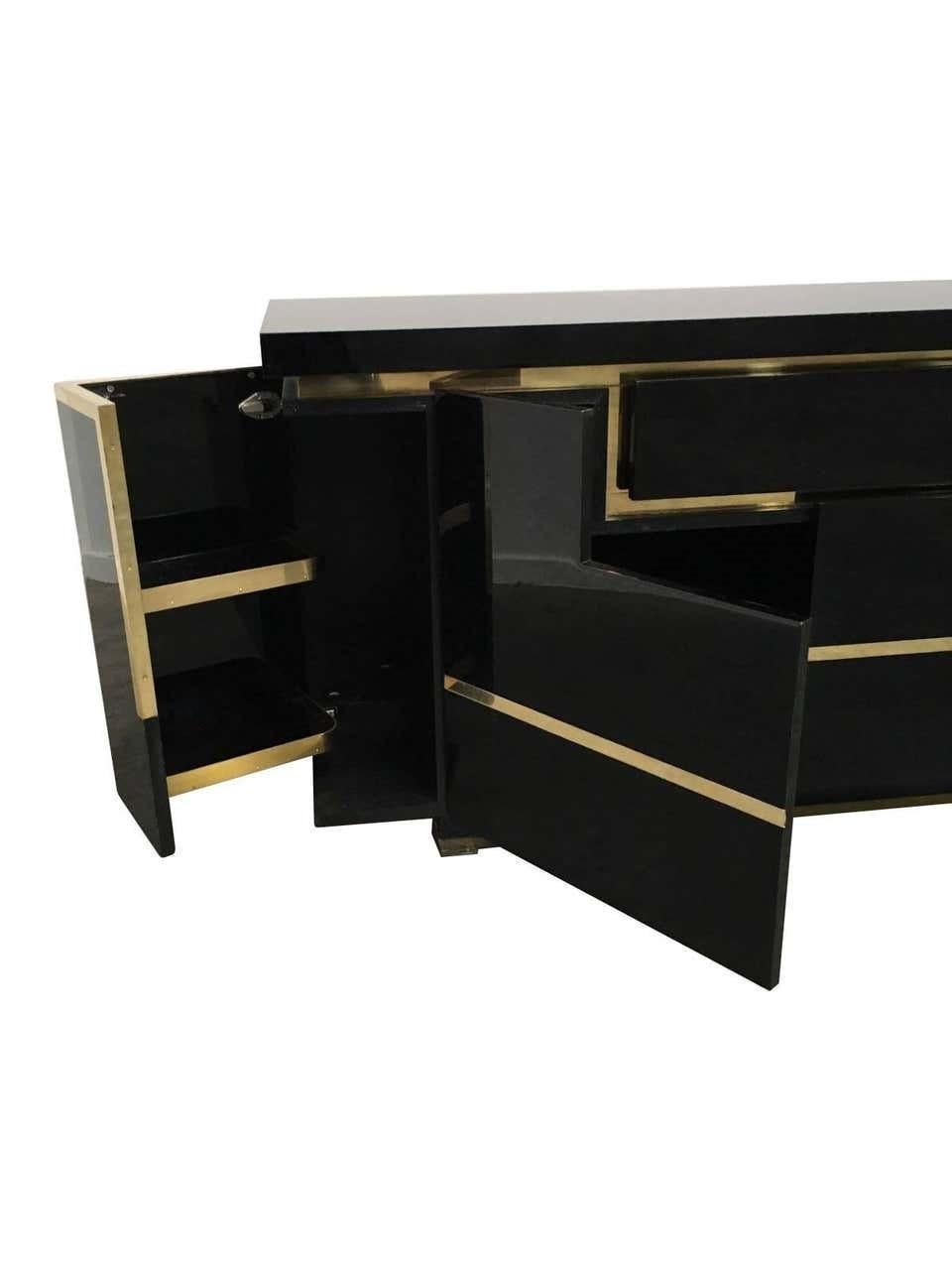French Black Lacquered Sideboard / Credenza with Brass Trim by Jean Claude Mahey