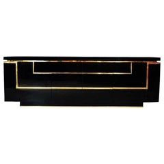 Black Lacquered Sideboard / Credenza with Brass Trim by Jean Claude Mahey