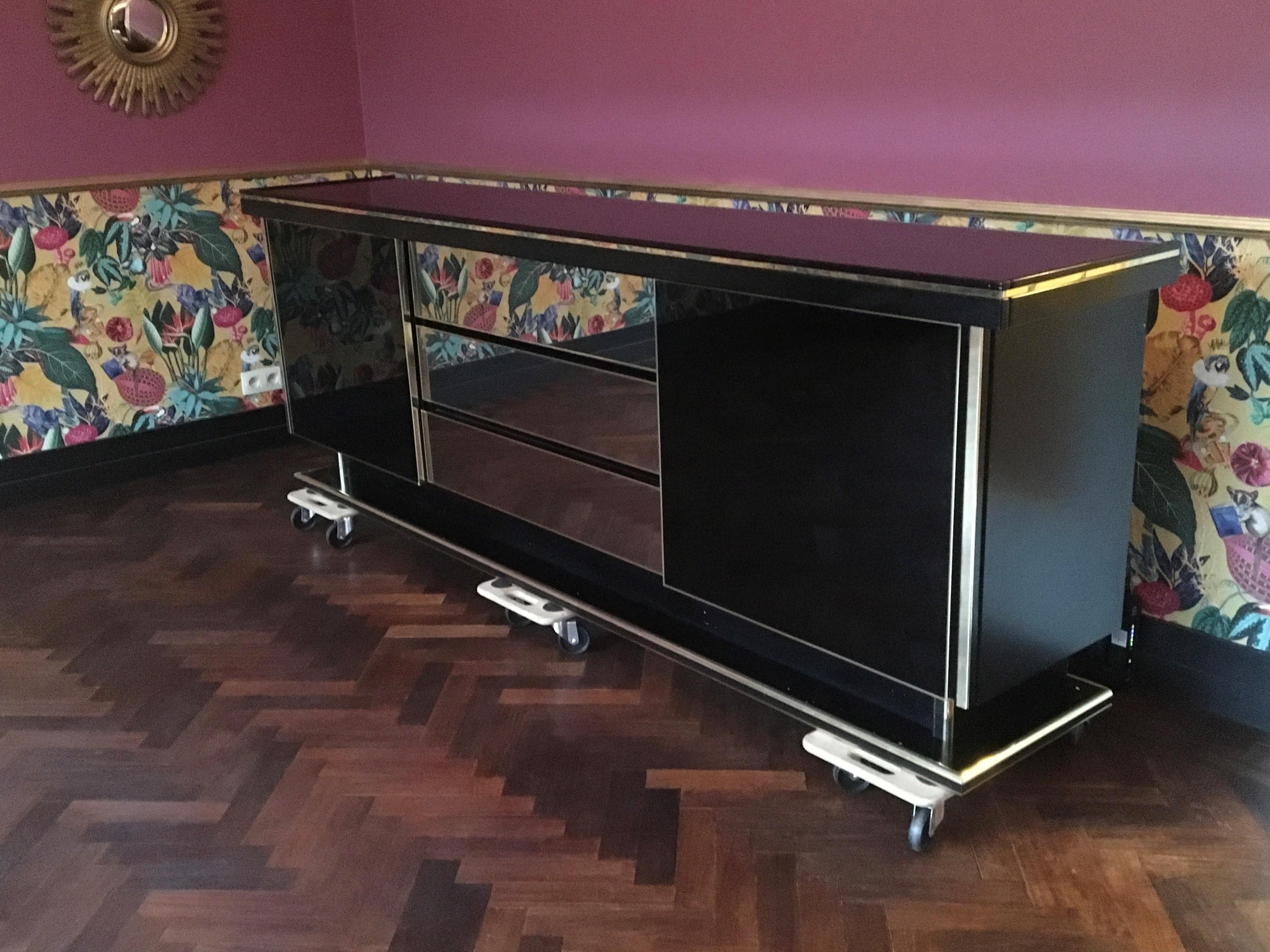 Black Lacquered Sideboard with Sliding Doors and Mirrored Drawers 7