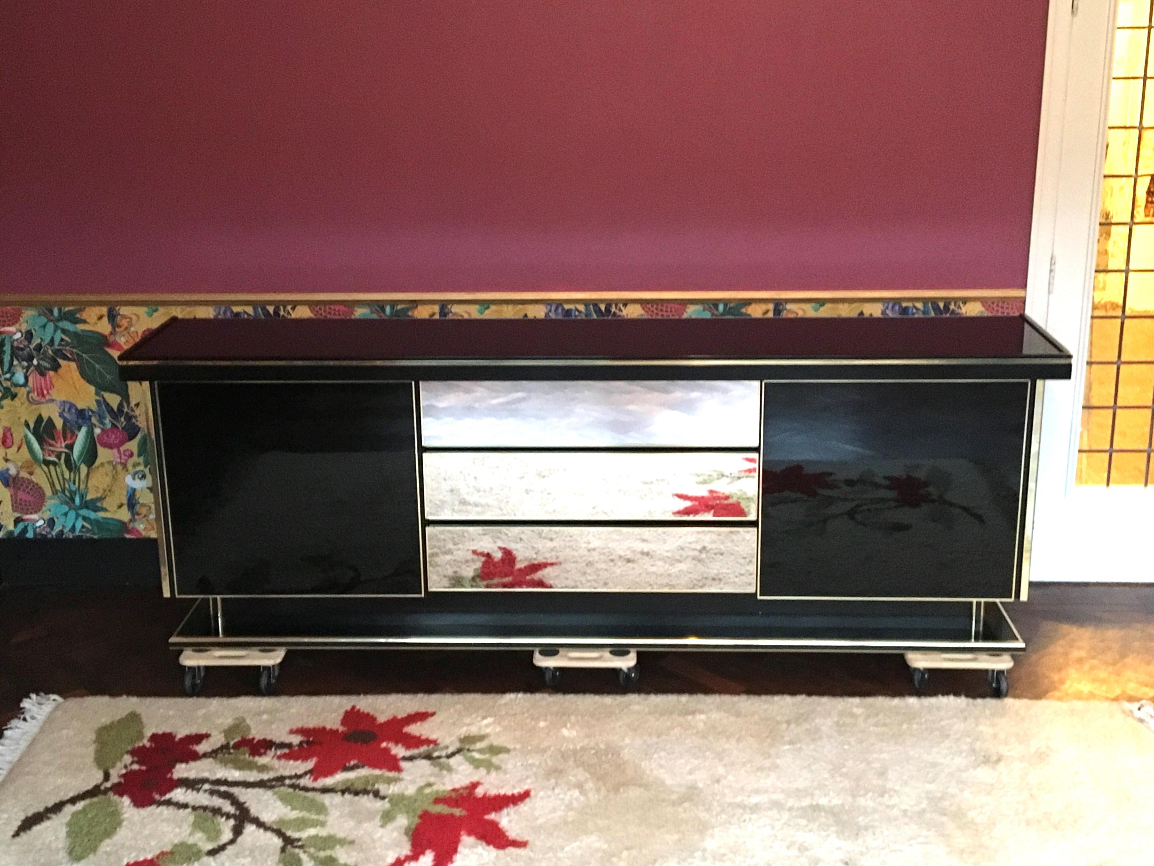 Hollywood Regency Black Lacquered Sideboard with Sliding Doors and Mirrored Drawers