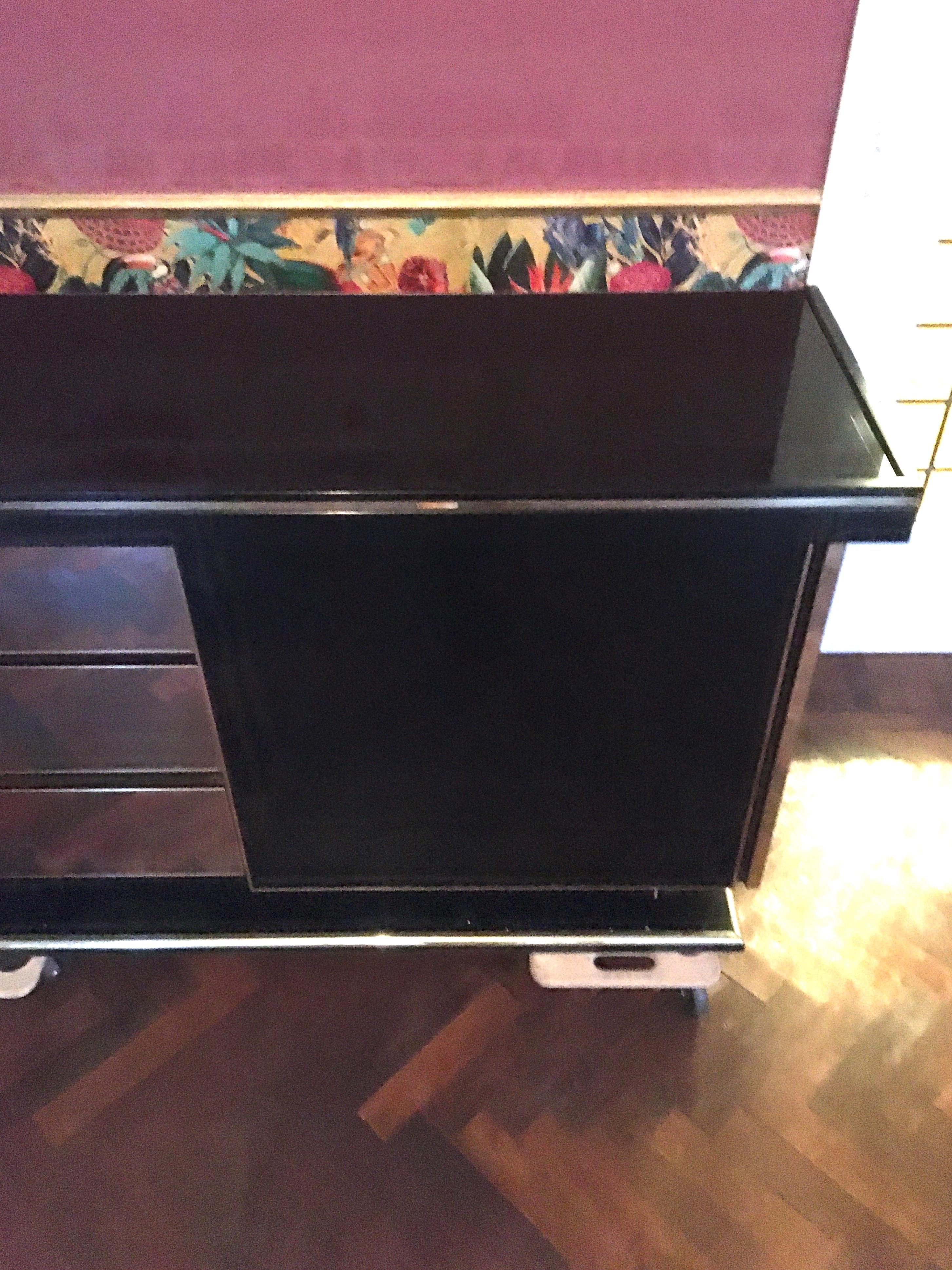 20th Century Black Lacquered Sideboard with Sliding Doors and Mirrored Drawers