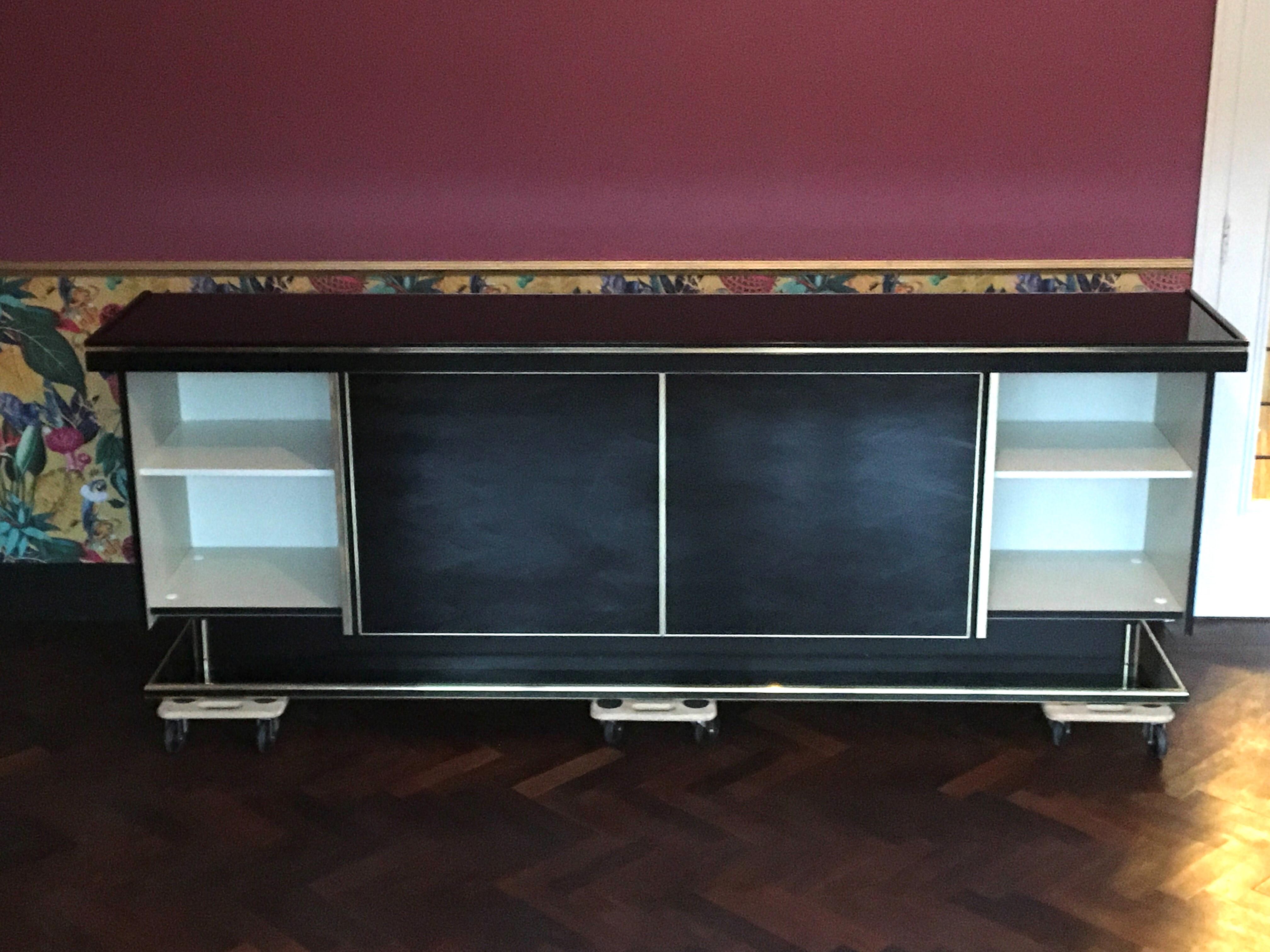 Black Lacquered Sideboard with Sliding Doors and Mirrored Drawers 1