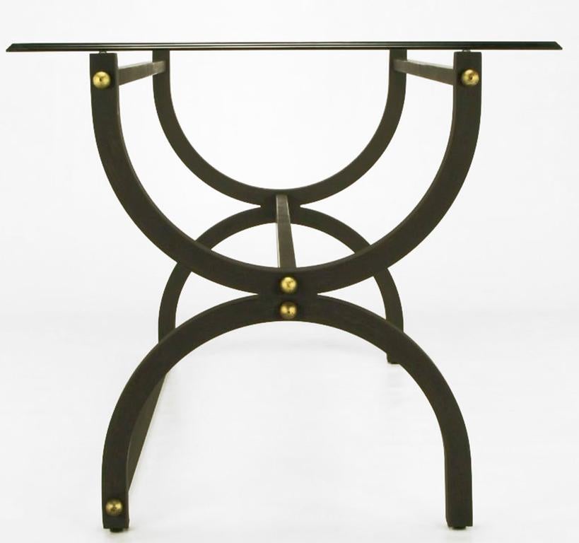 Mid-Century Modern Black Lacquered Steel Curule Base Writing Table with Brass Appointments For Sale