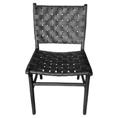 Black Lacquered Teak Wood Framed Chair, with Woven Leather Seat